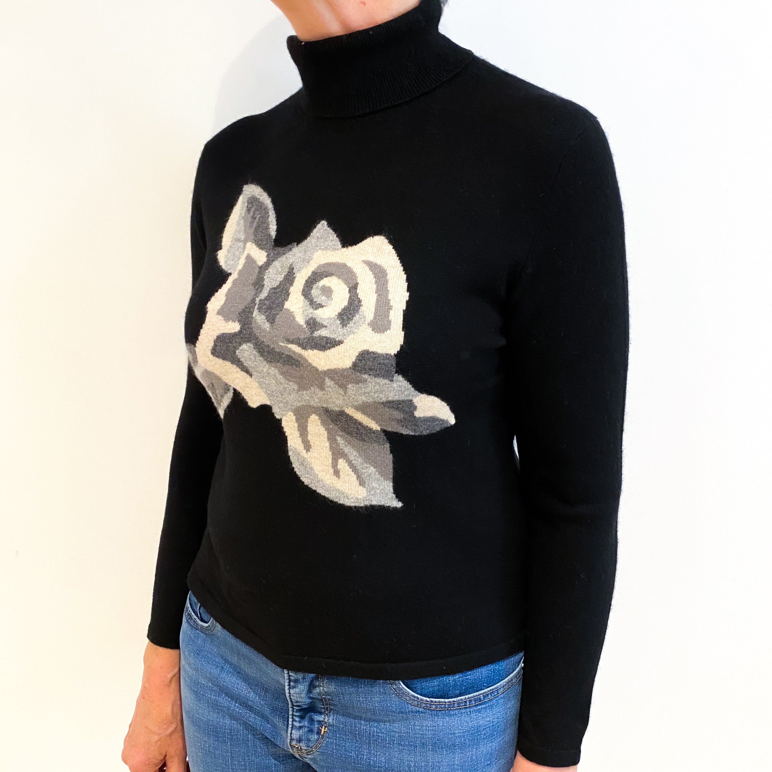 Black With Rose Detail Cashmere Polo Neck Jumper Medium
