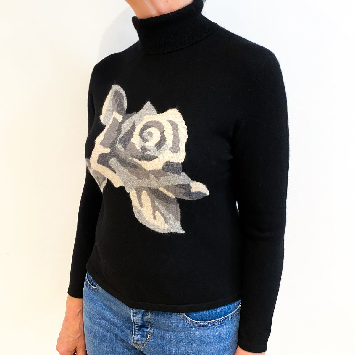 Black With Rose Detail Cashmere Polo Neck Jumper Medium