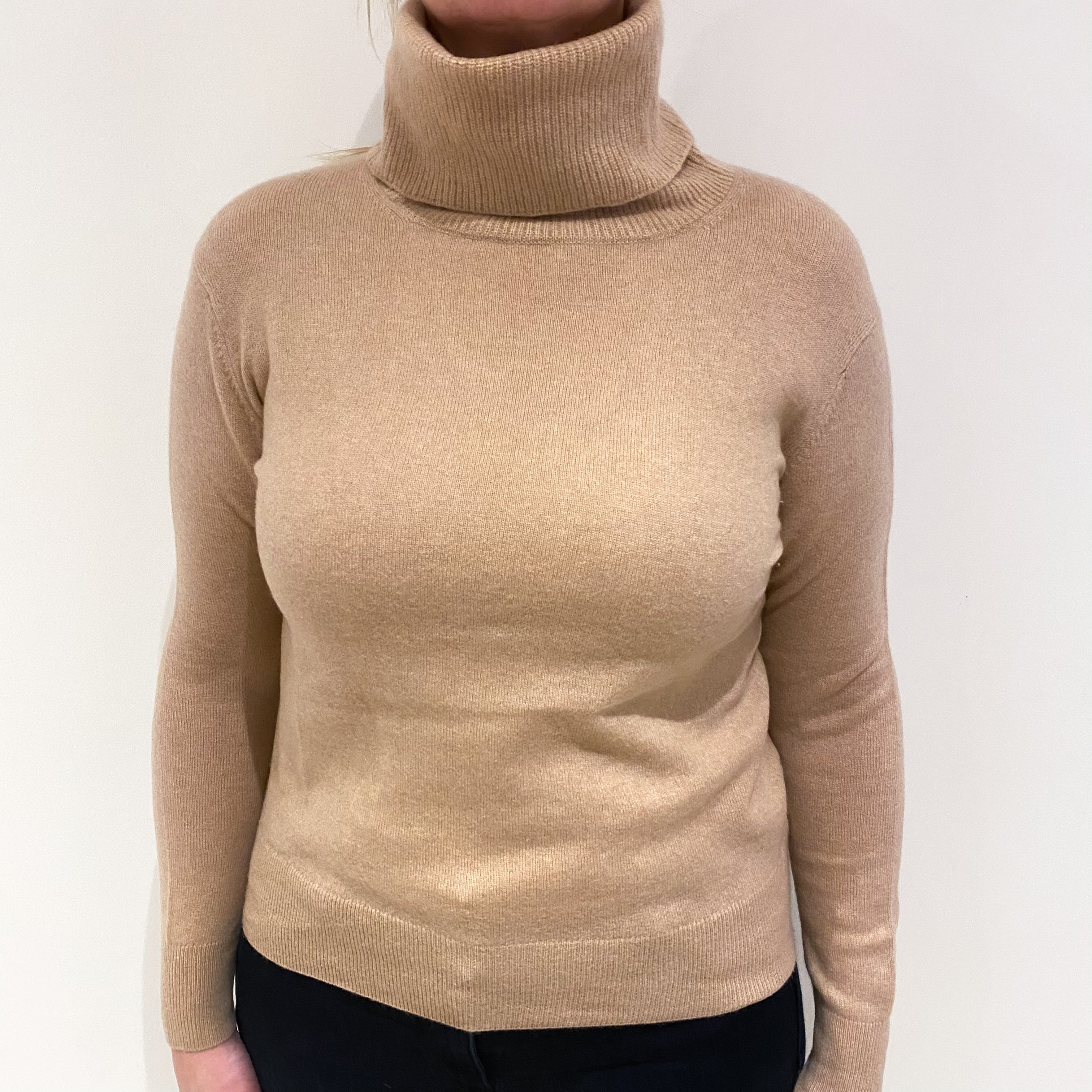 Buff Beige Cashmere Polo Neck Jumper Large