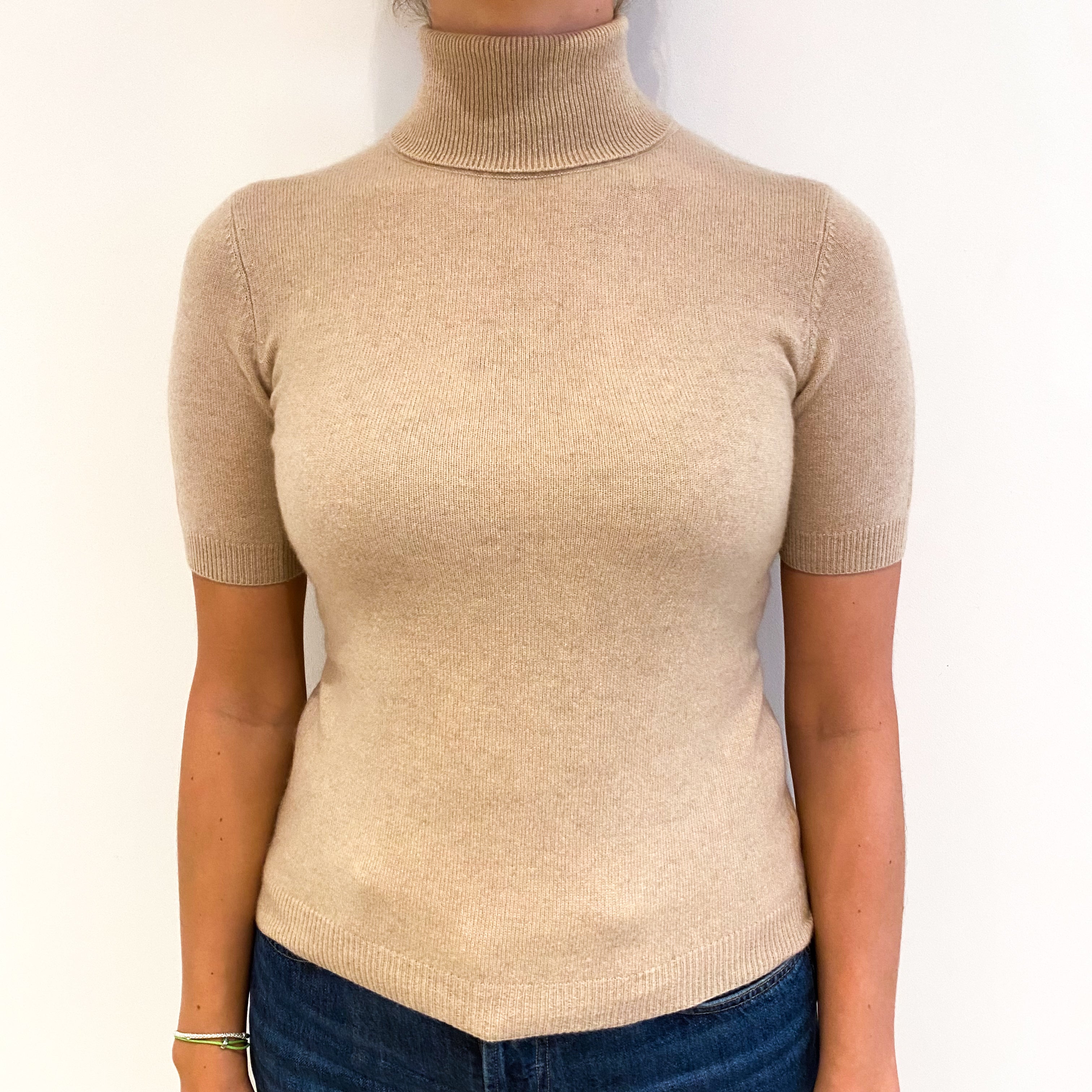Buff Beige Cashmere Short Sleeved Polo Neck Jumper Small