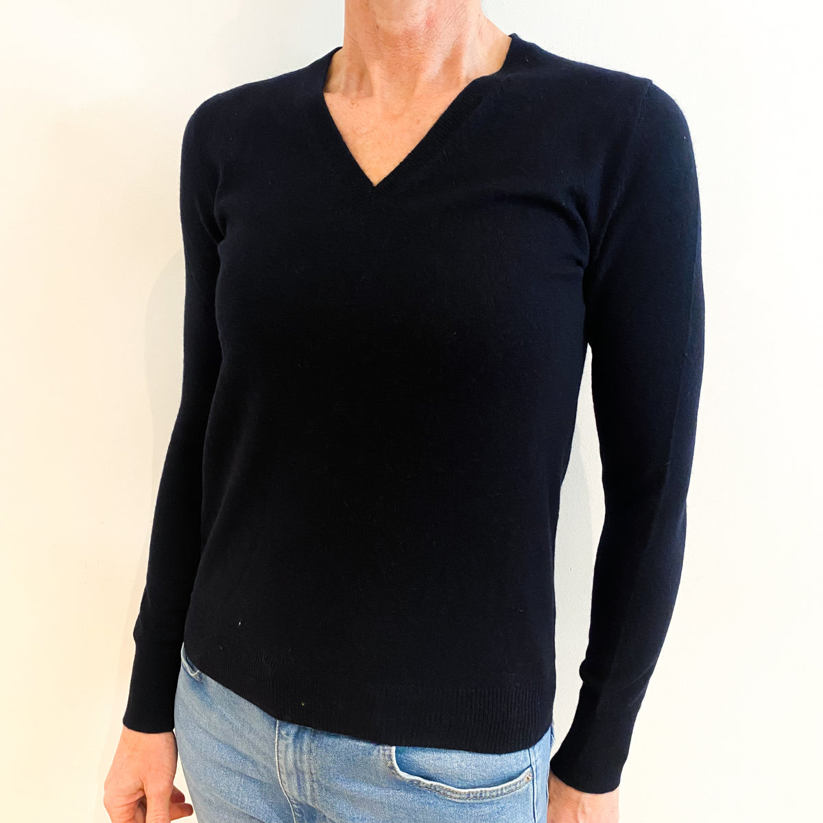 Navy Blue Cashmere V Neck Jumper Small