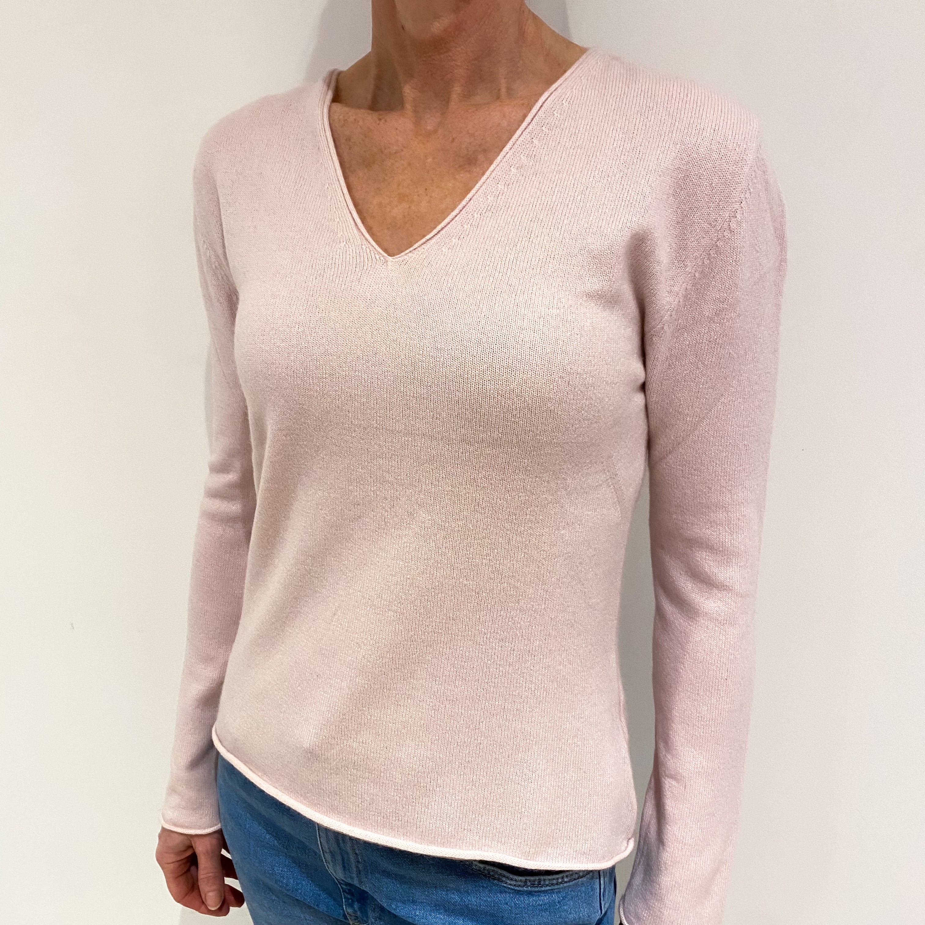 Ice Pink Cashmere V Neck Jumper with Rolled Edges  Small