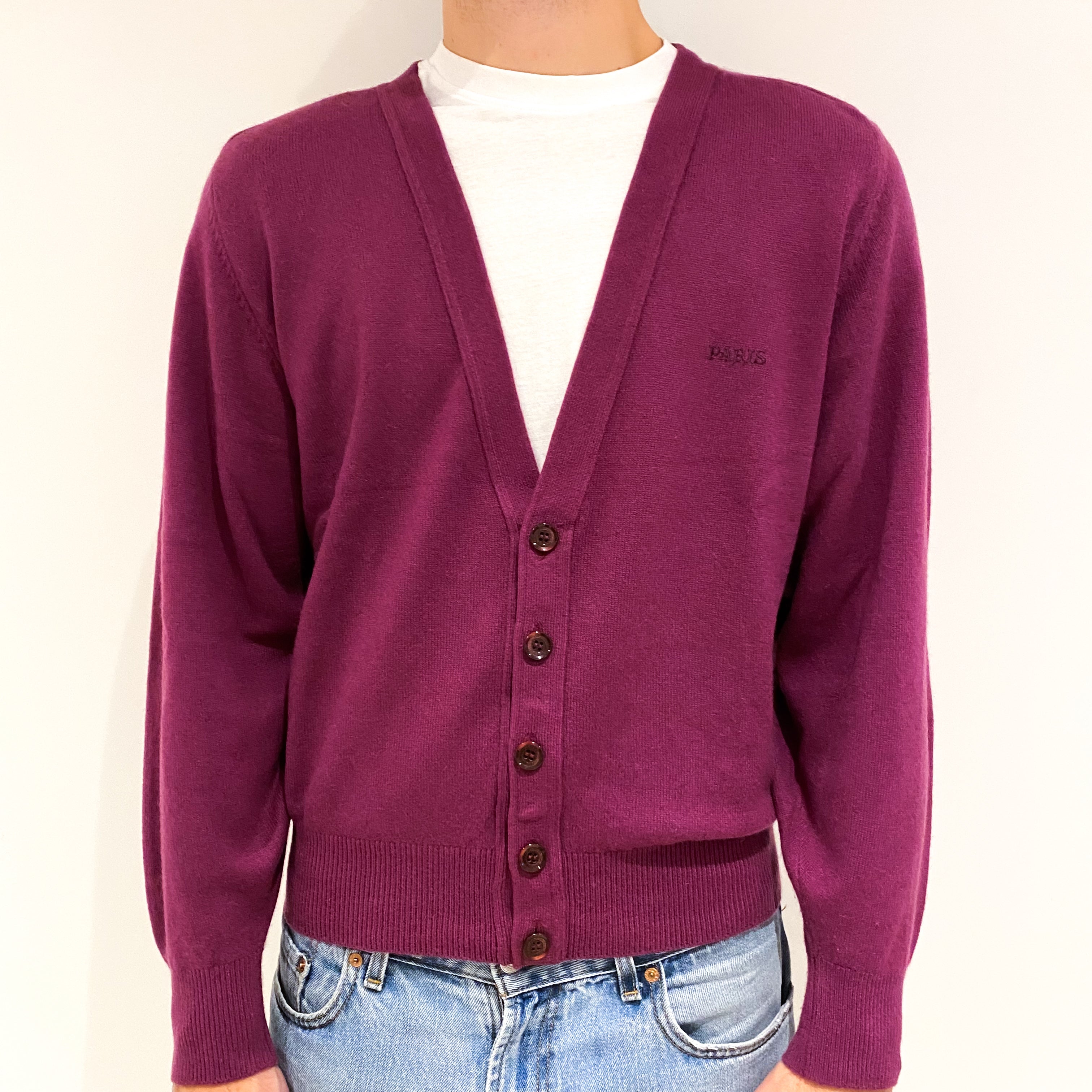 Men's Vintage Plum Purple Cashmere V-Neck Cardigan Large