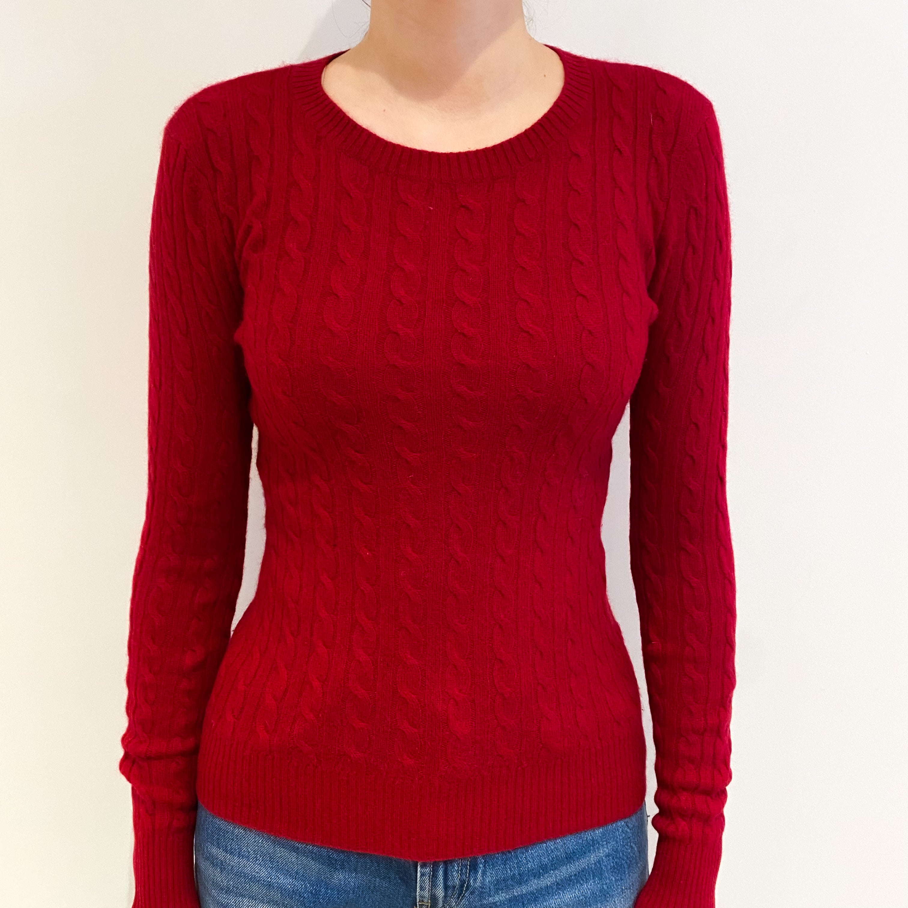 Crimson Red Cable Cashmere Crew Neck Jumper Extra Small