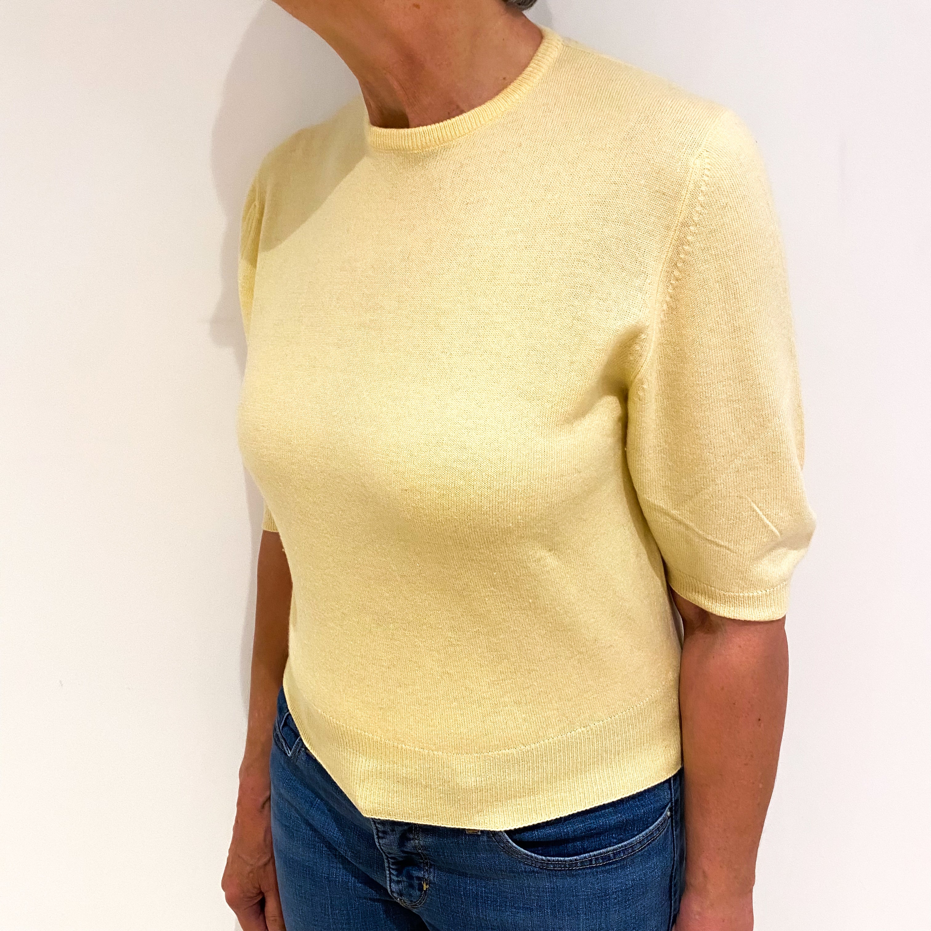 Primrose Yellow Cashmere Crew Neck Short Sleeved Jumper Medium