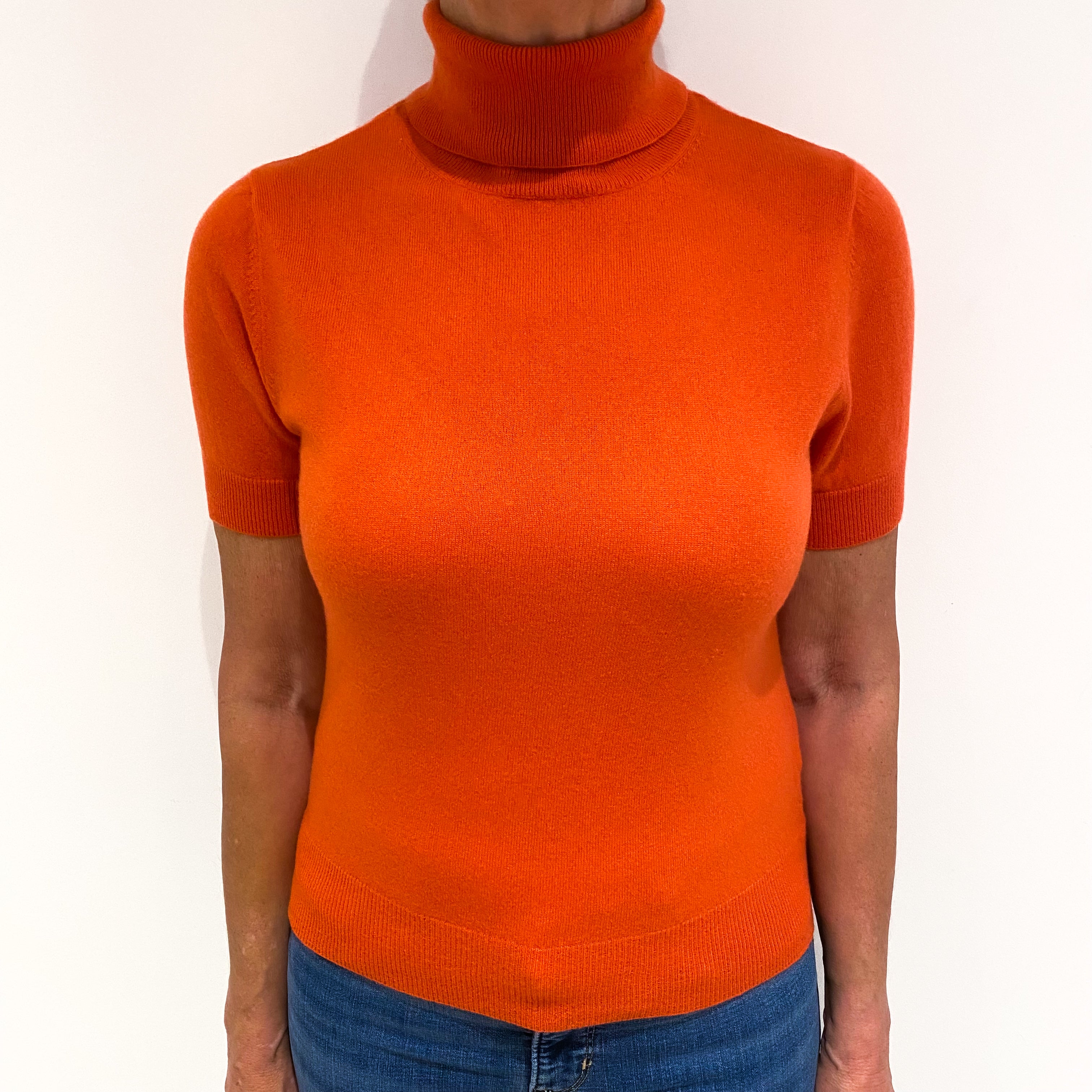 Tangerine Orange Cashmere Short Sleeve Polo Neck Jumper Medium