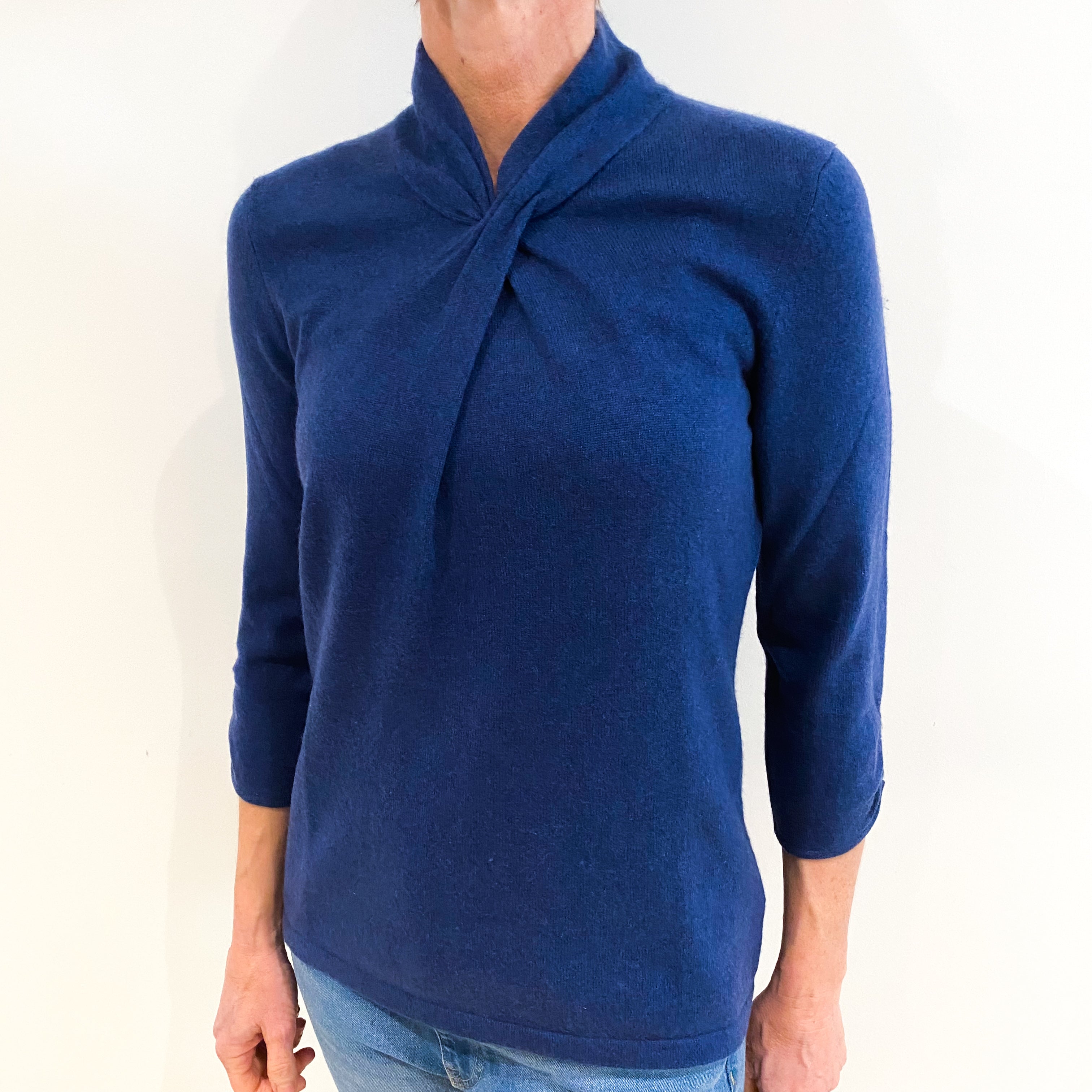 Tanzanite Blue Cashmere Shawl Collar V Neck Jumper Small