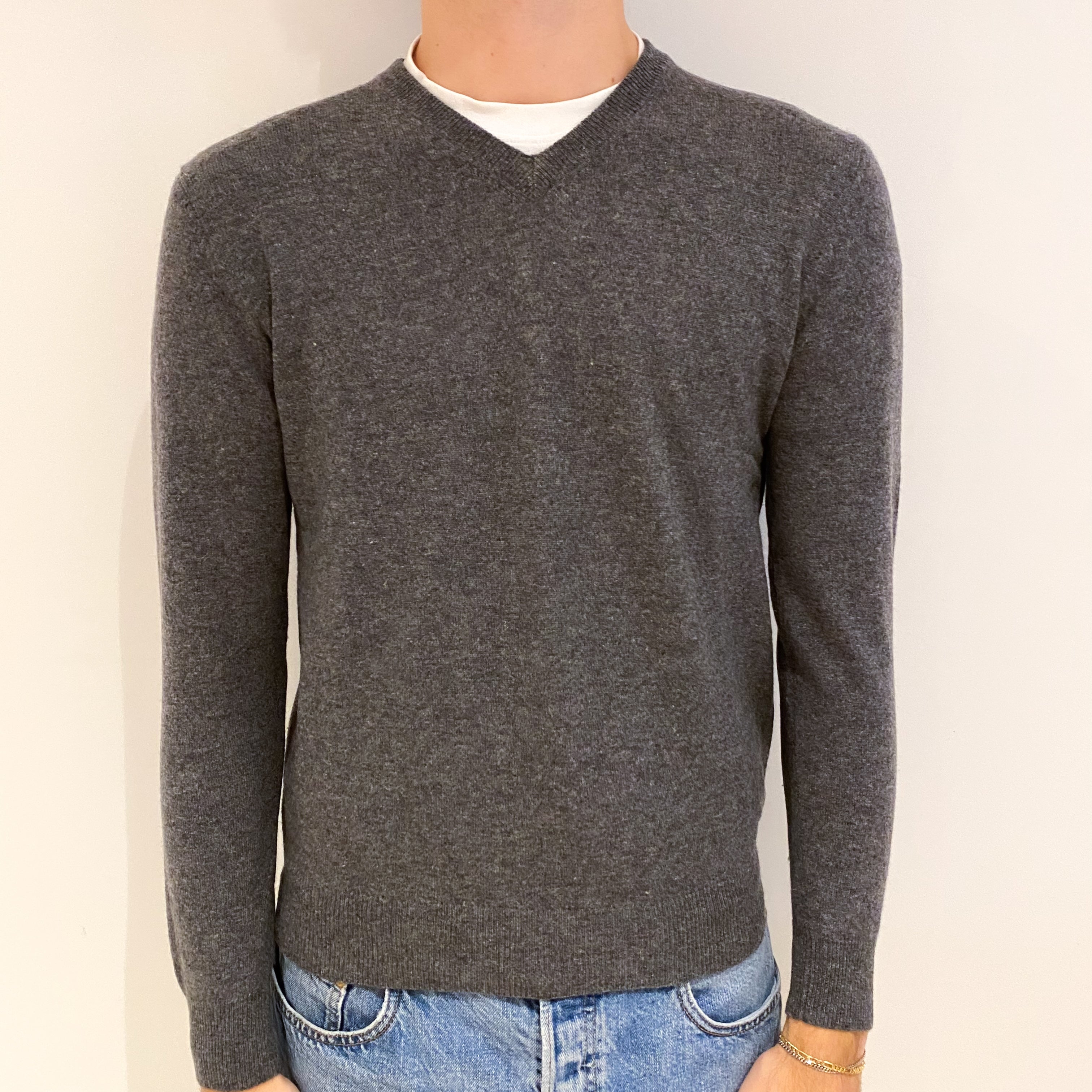 Men's Slate Grey Cashmere V Neck Jumper Medium