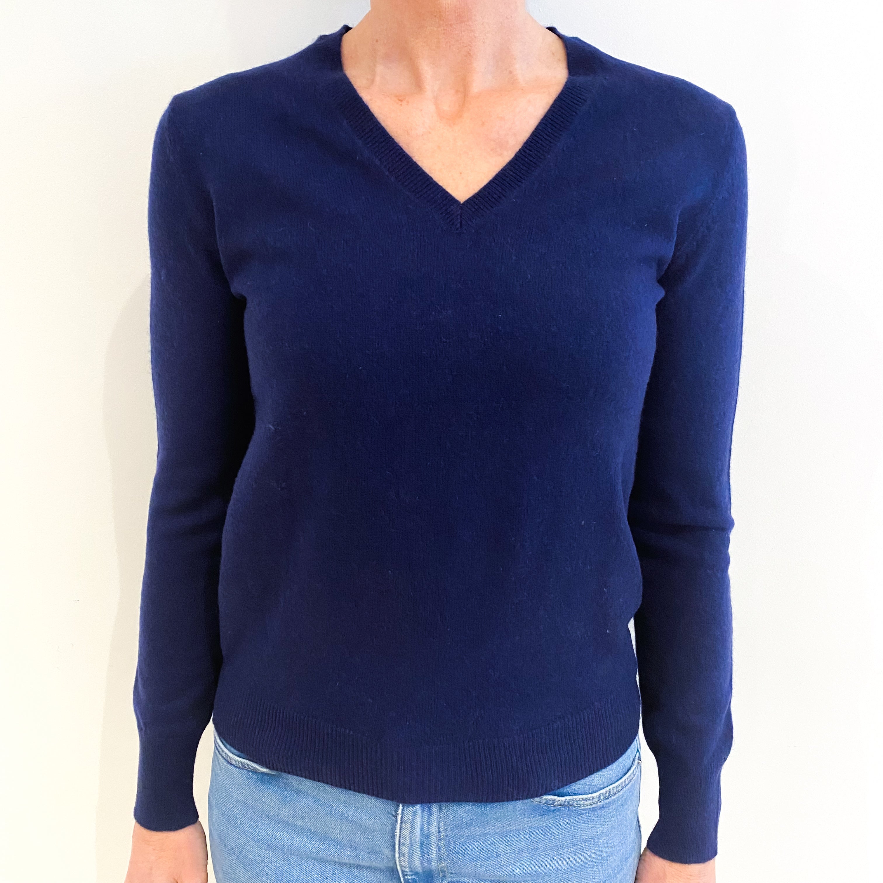Navy Blue Cashmere V Neck Jumper Small