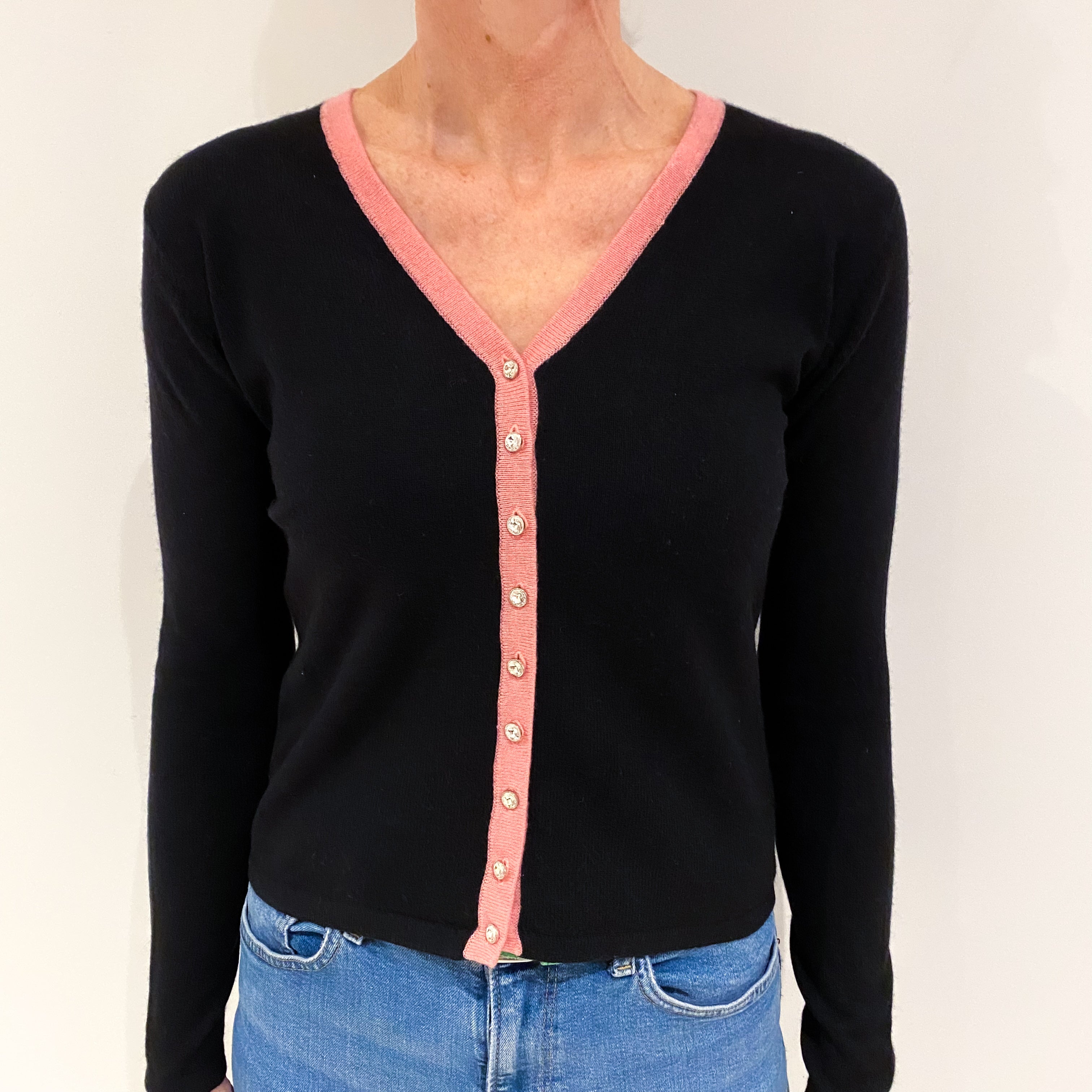 Black Pink Trim Cashmere V Neck Cardigan Small
