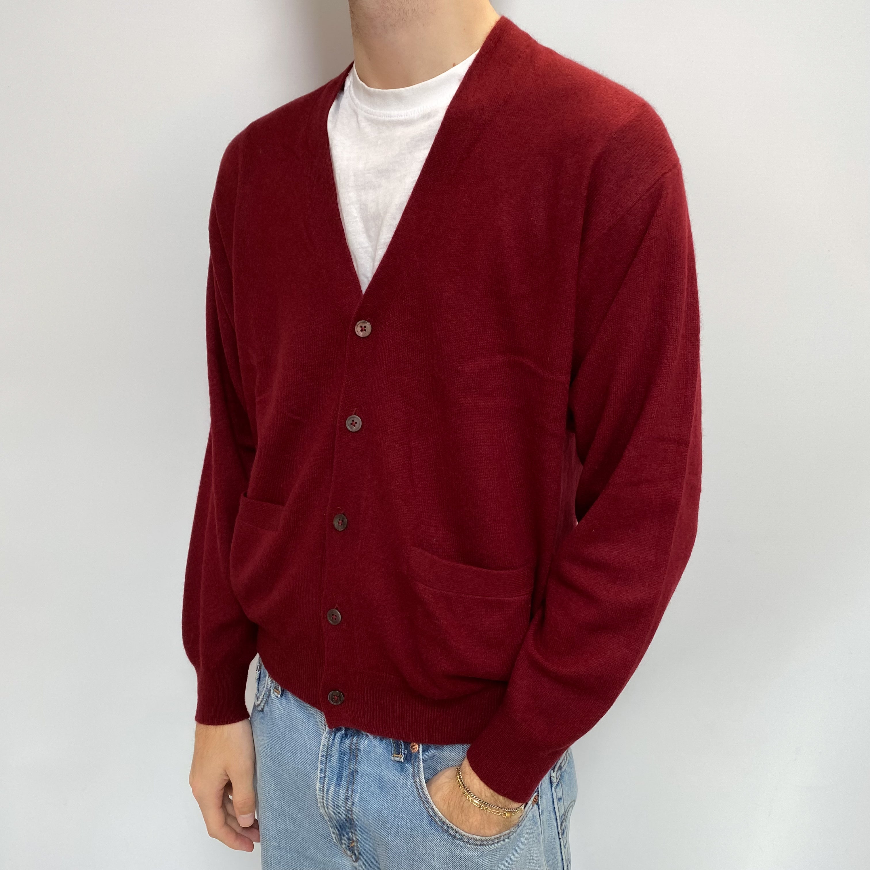 Men's Burgundy Red Cashmere V Cardigan with Pockets Jumper Large