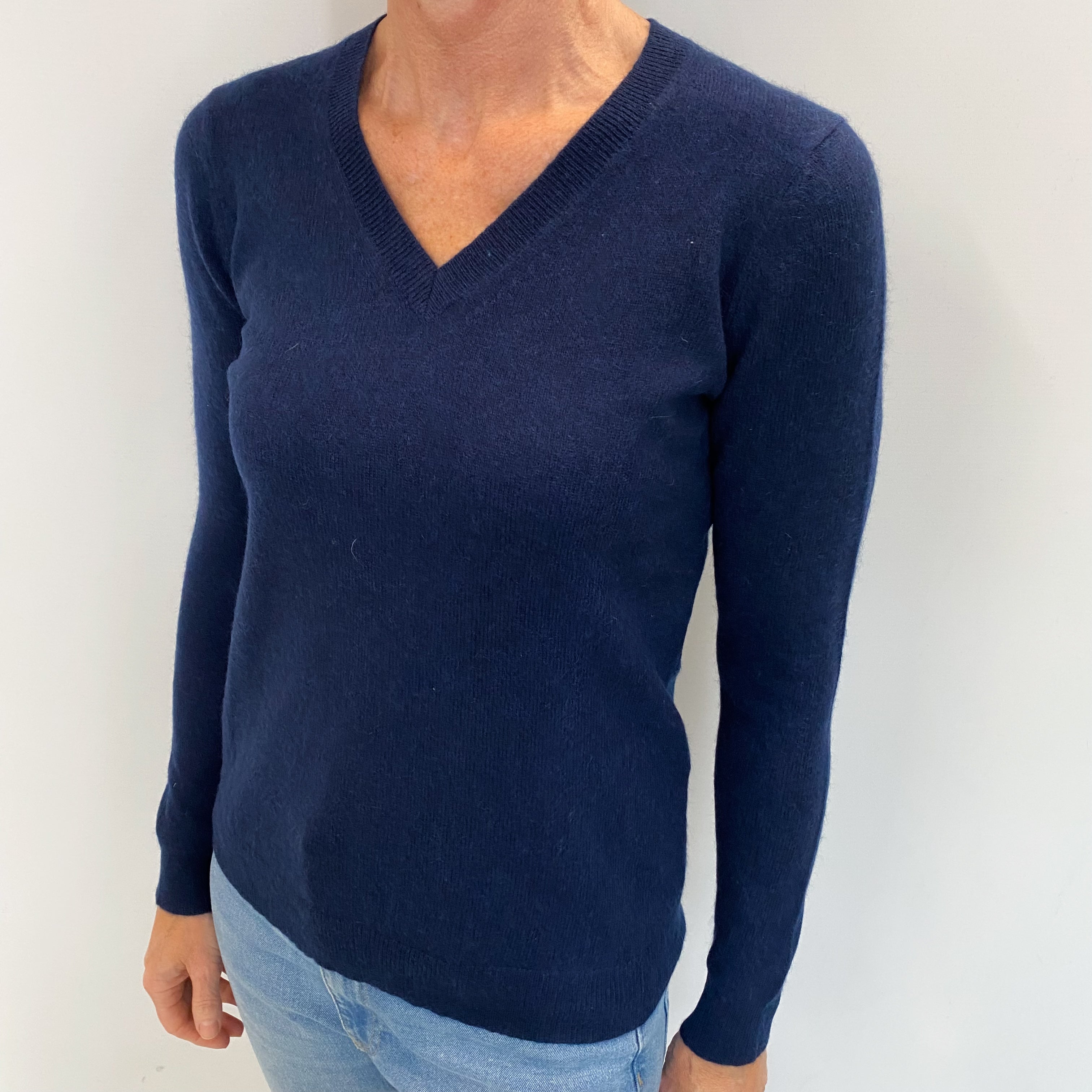 Navy Blue Cashmere V Neck Jumper Small