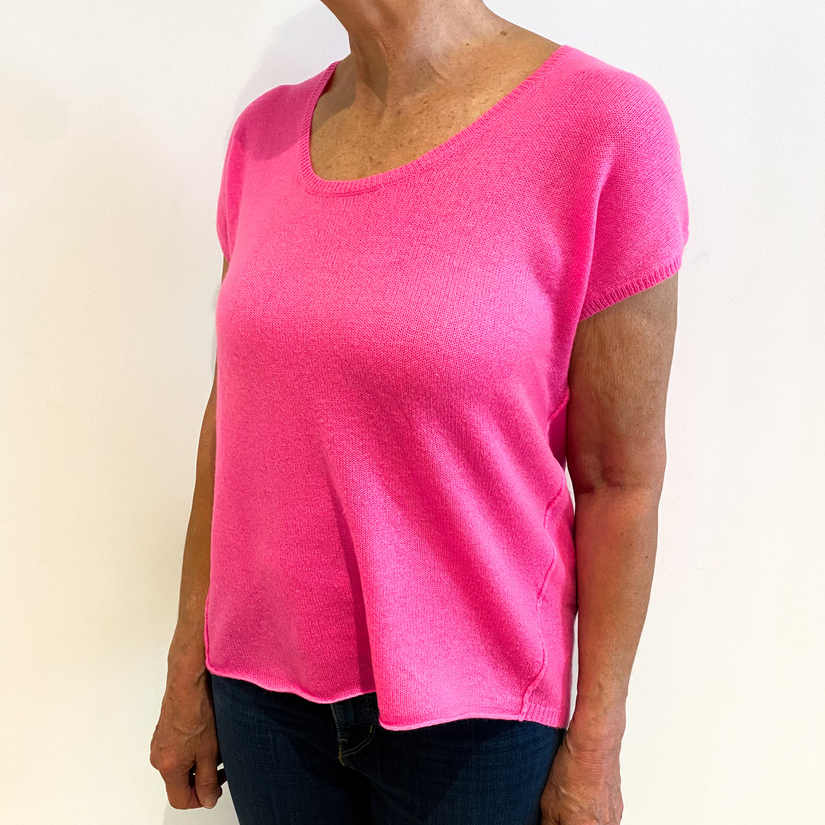 Neon Pink Cashmere Scoop Neck Short Sleeved Jumper Medium