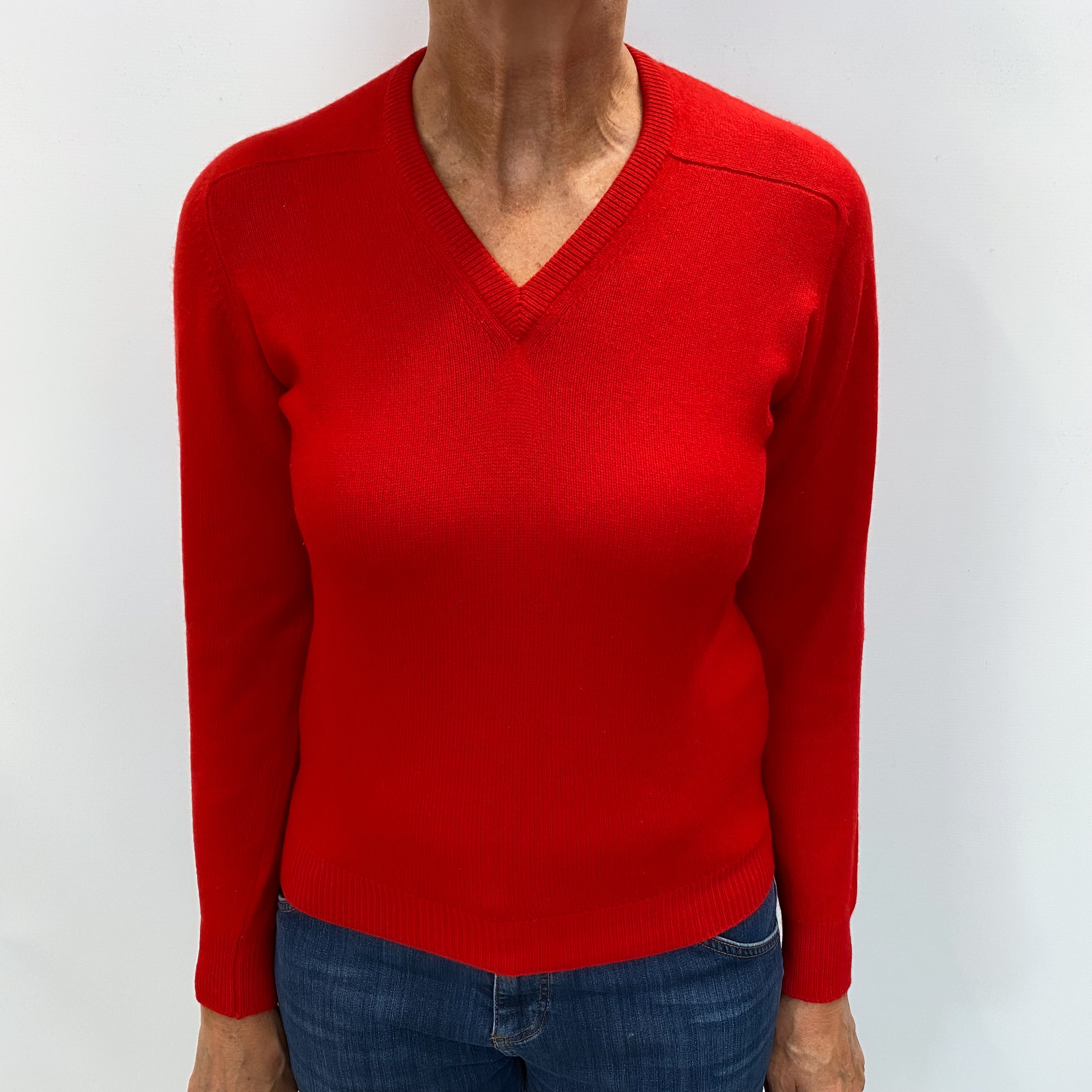 Scottish Scarlet Red Cashmere V Neck Jumper Medium