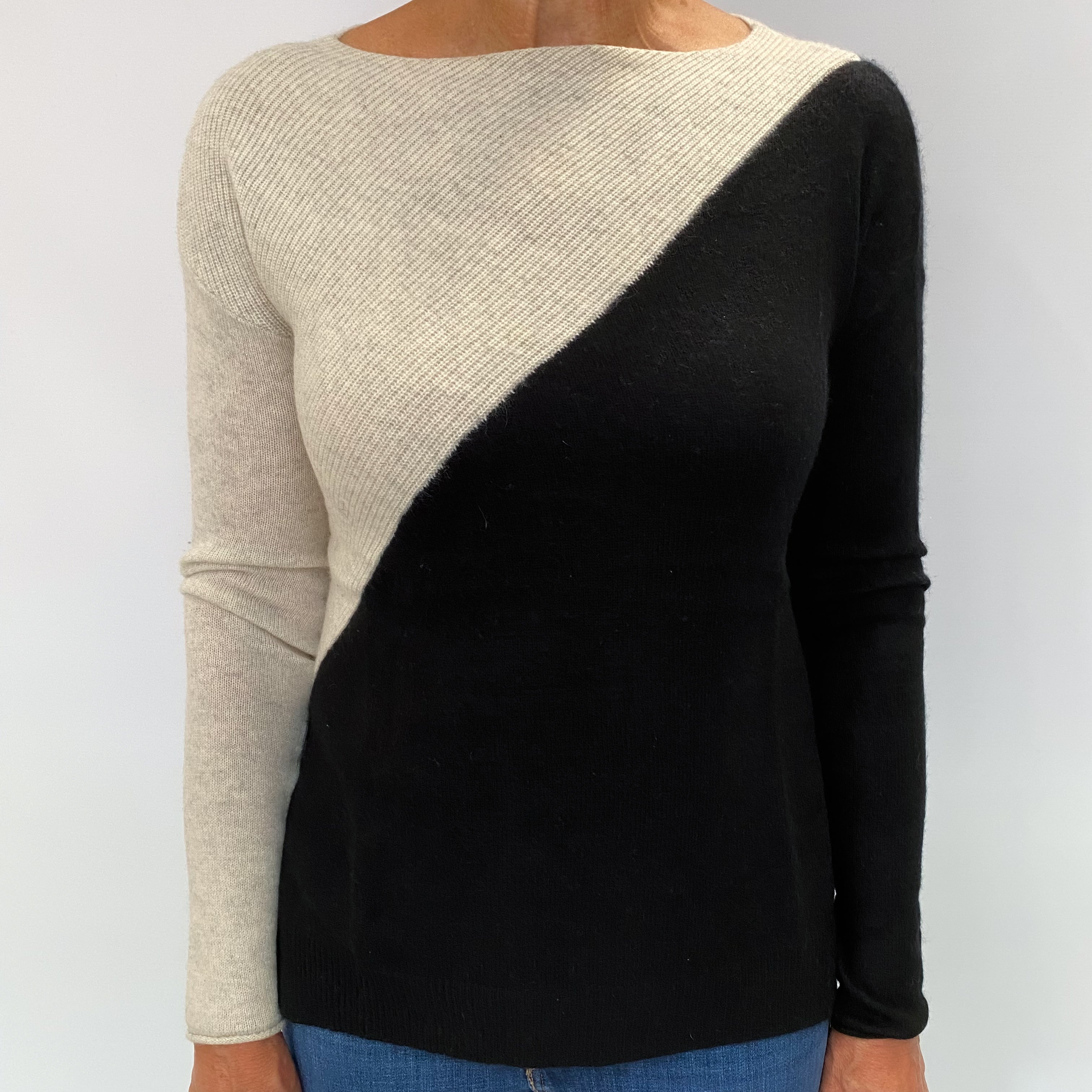 Grey and Black Cashmere Slash Neck Jumper Medium