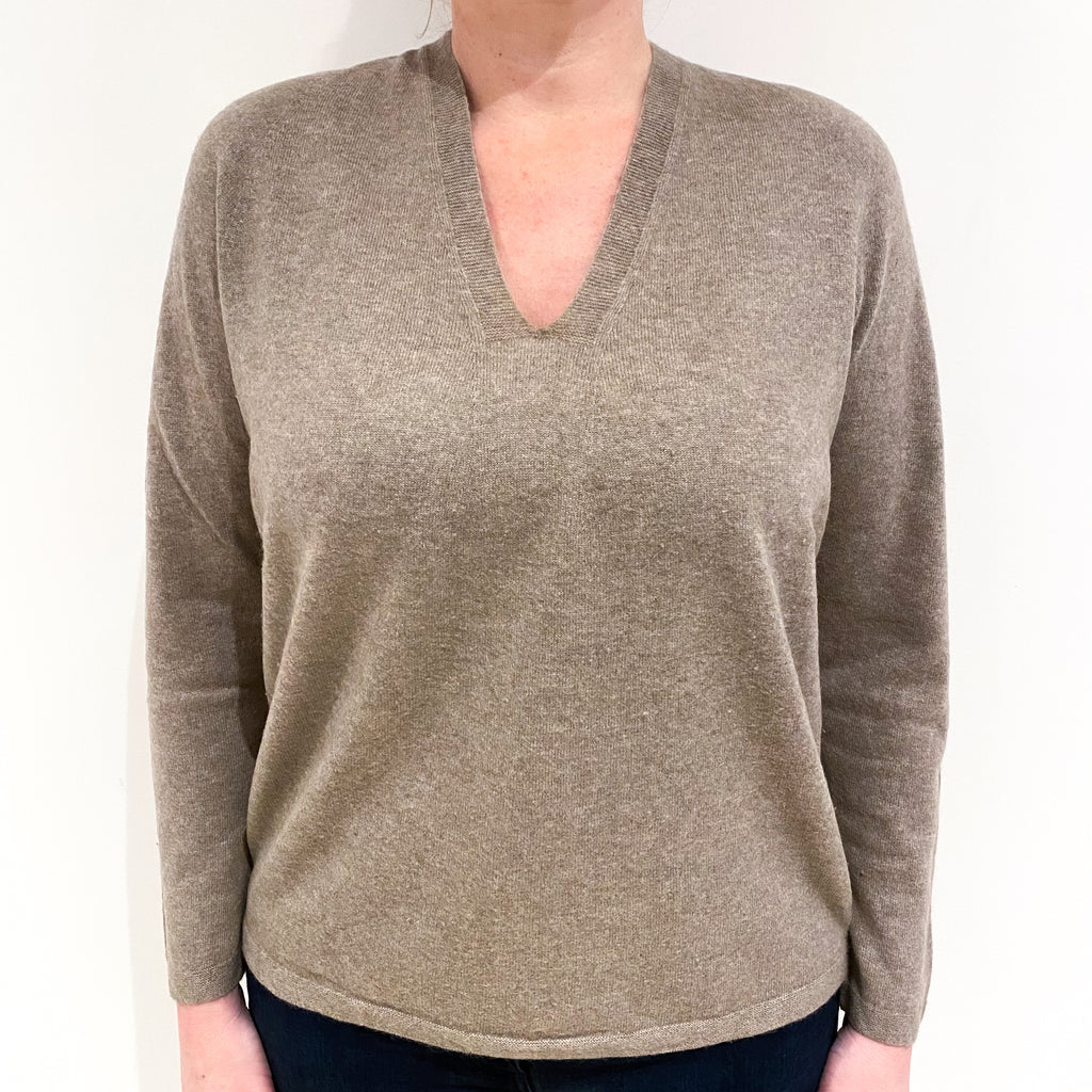 Taupe Brown Cashmere V Neck Jumper Large
