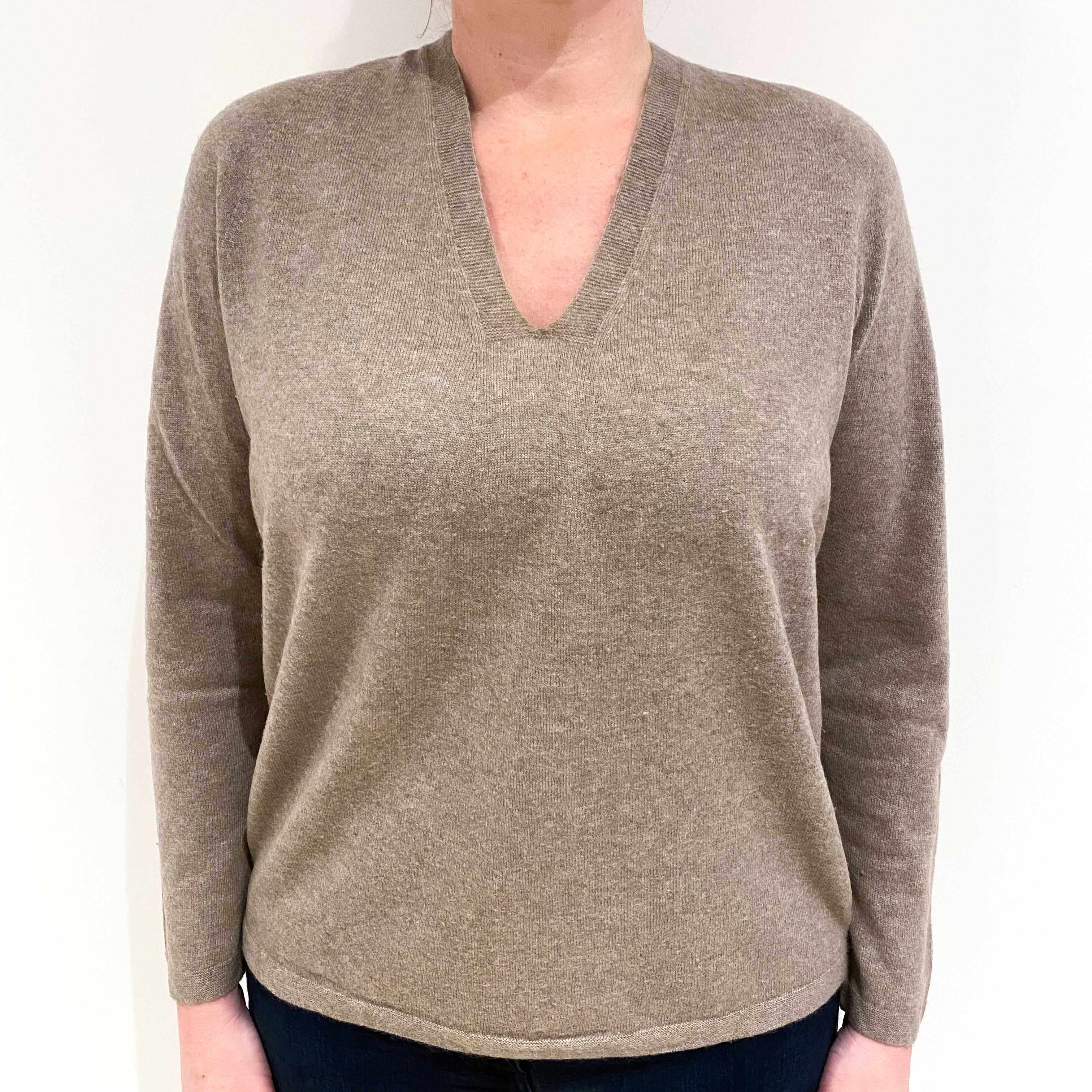 Taupe Brown Cashmere V Neck Jumper Large