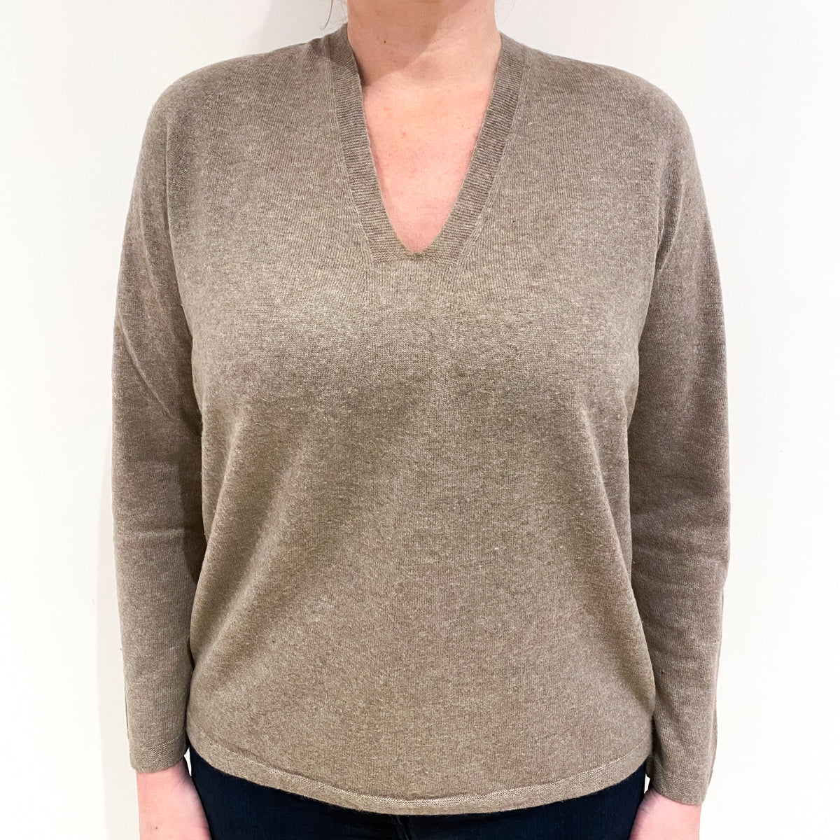 Taupe Brown Cashmere V Neck Jumper Large