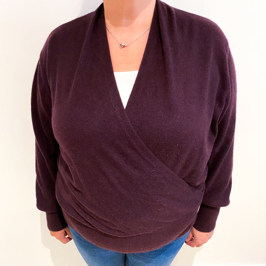 Aubergine Purple Cashmere Cross Over V Neck Jumper Extra Large