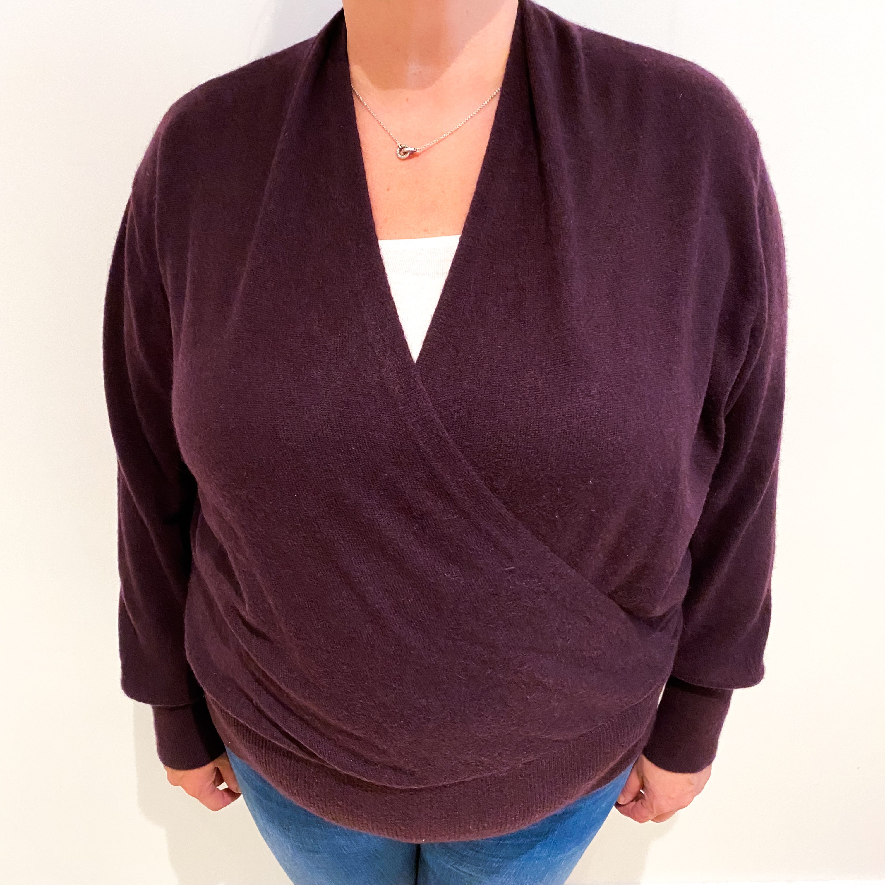 Aubergine Purple Cashmere Cross Over V Neck Jumper Extra Large