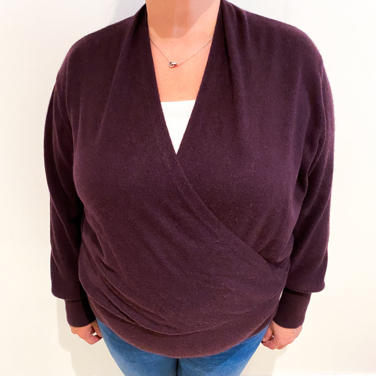 Aubergine Purple Cashmere Cross Over V Neck Jumper Extra Large