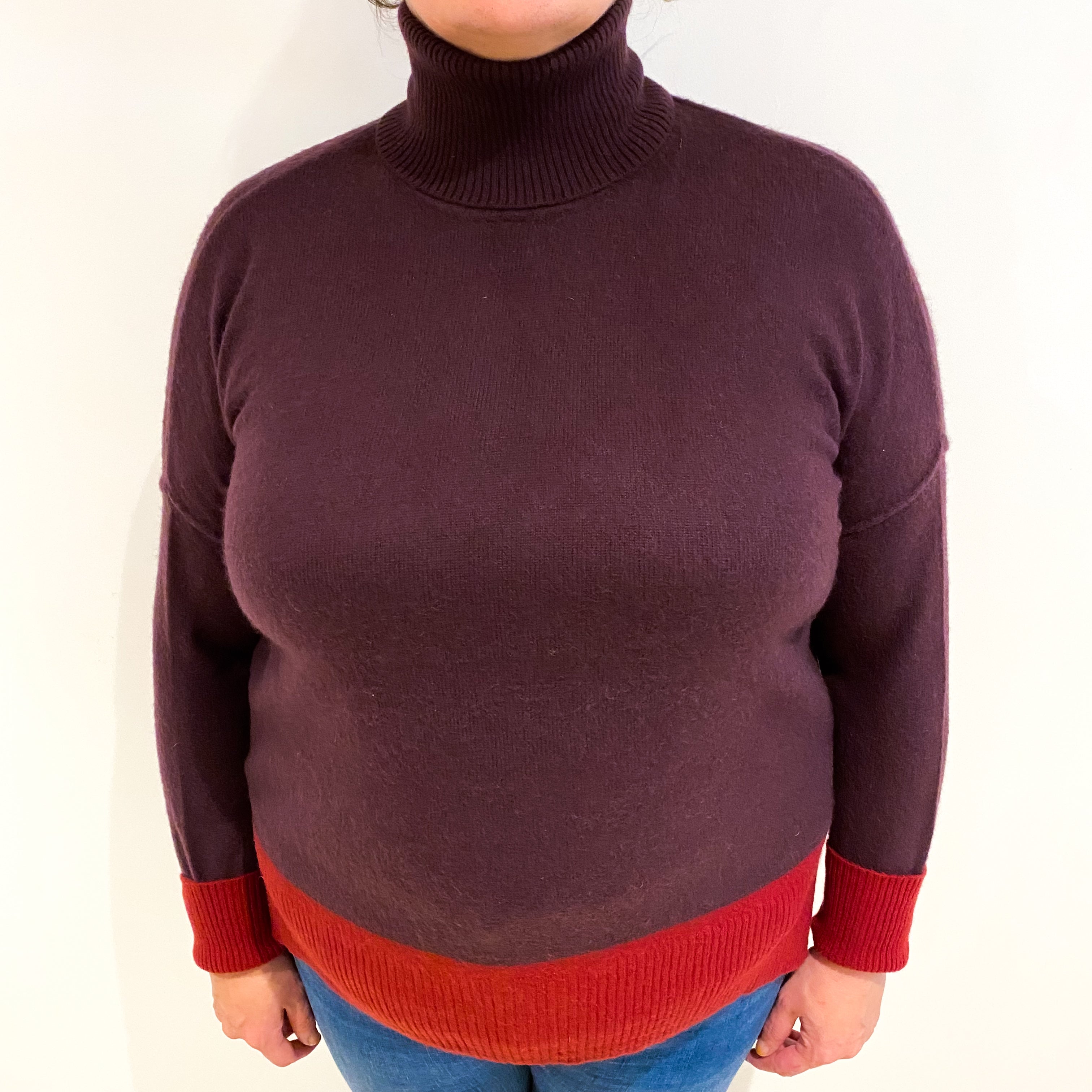Mahogany Burgundy Trim Cashmere Polo Neck Jumper Extra Large