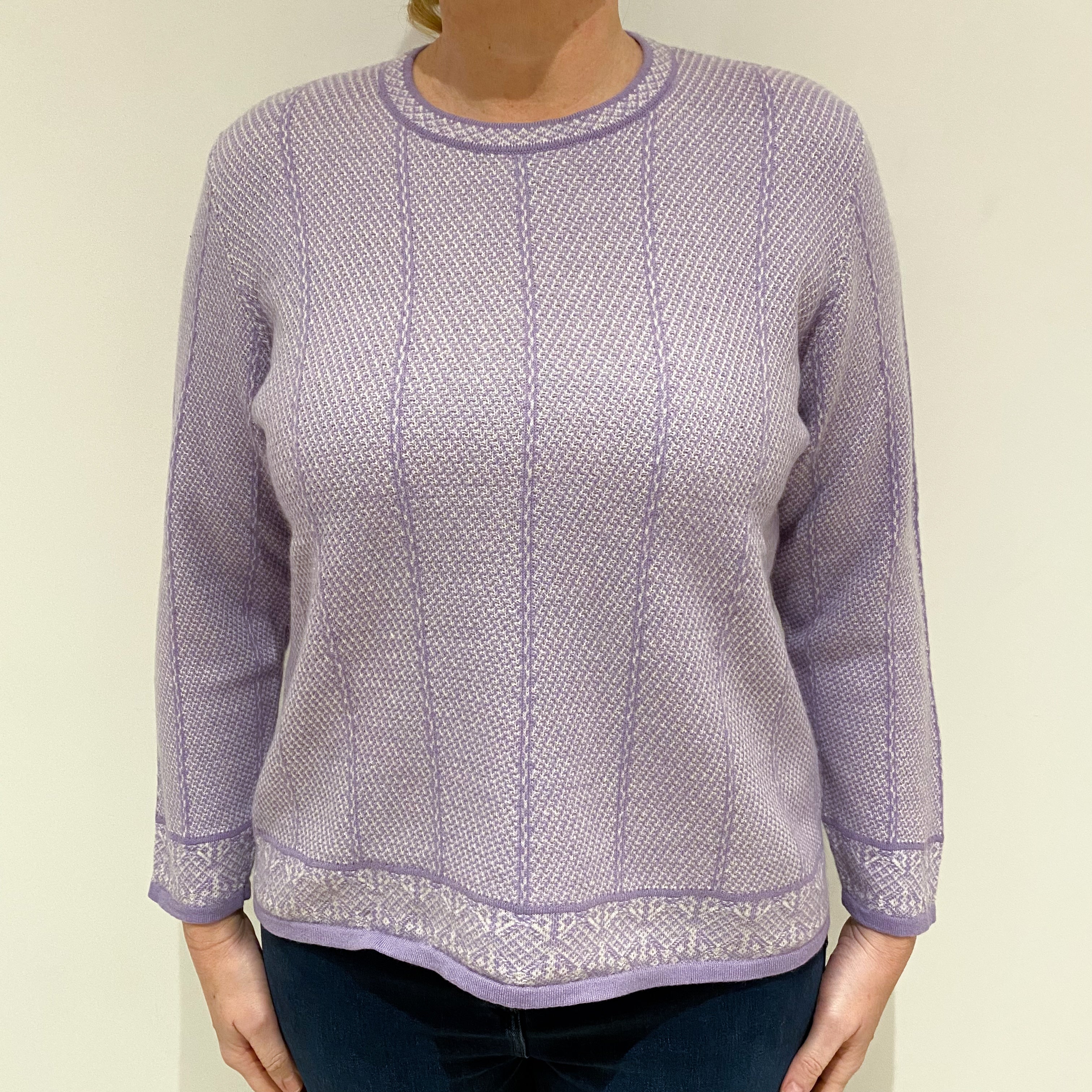 Lavender Purple Patterned Cashmere Crew Neck Jumper Large