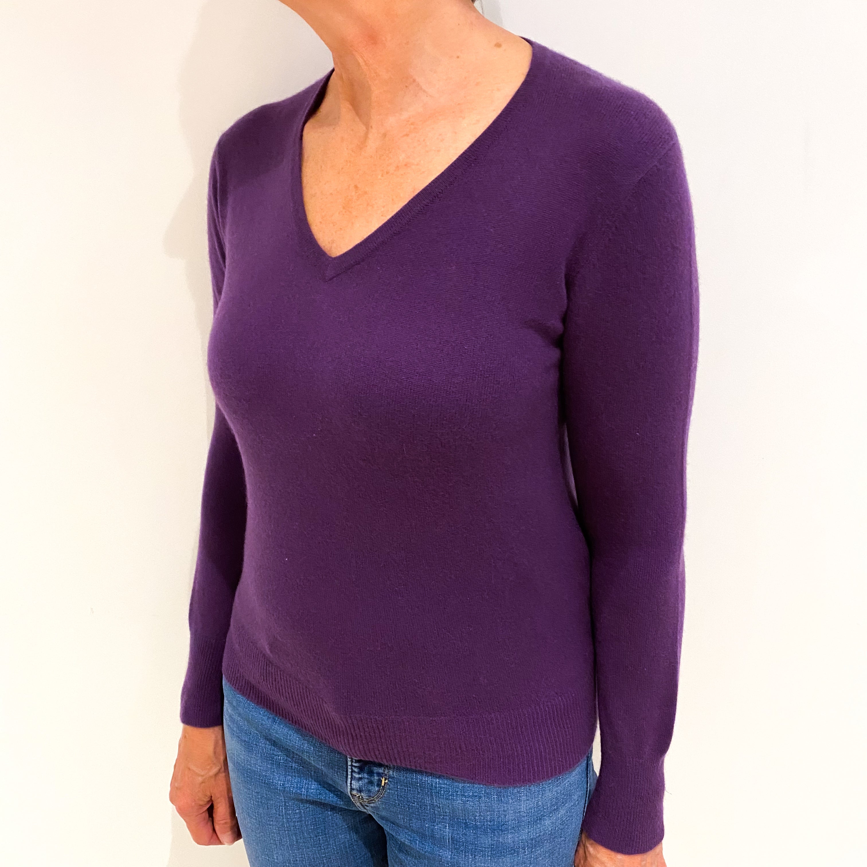 Blueberry Purple Cashmere V Neck Jumper Medium