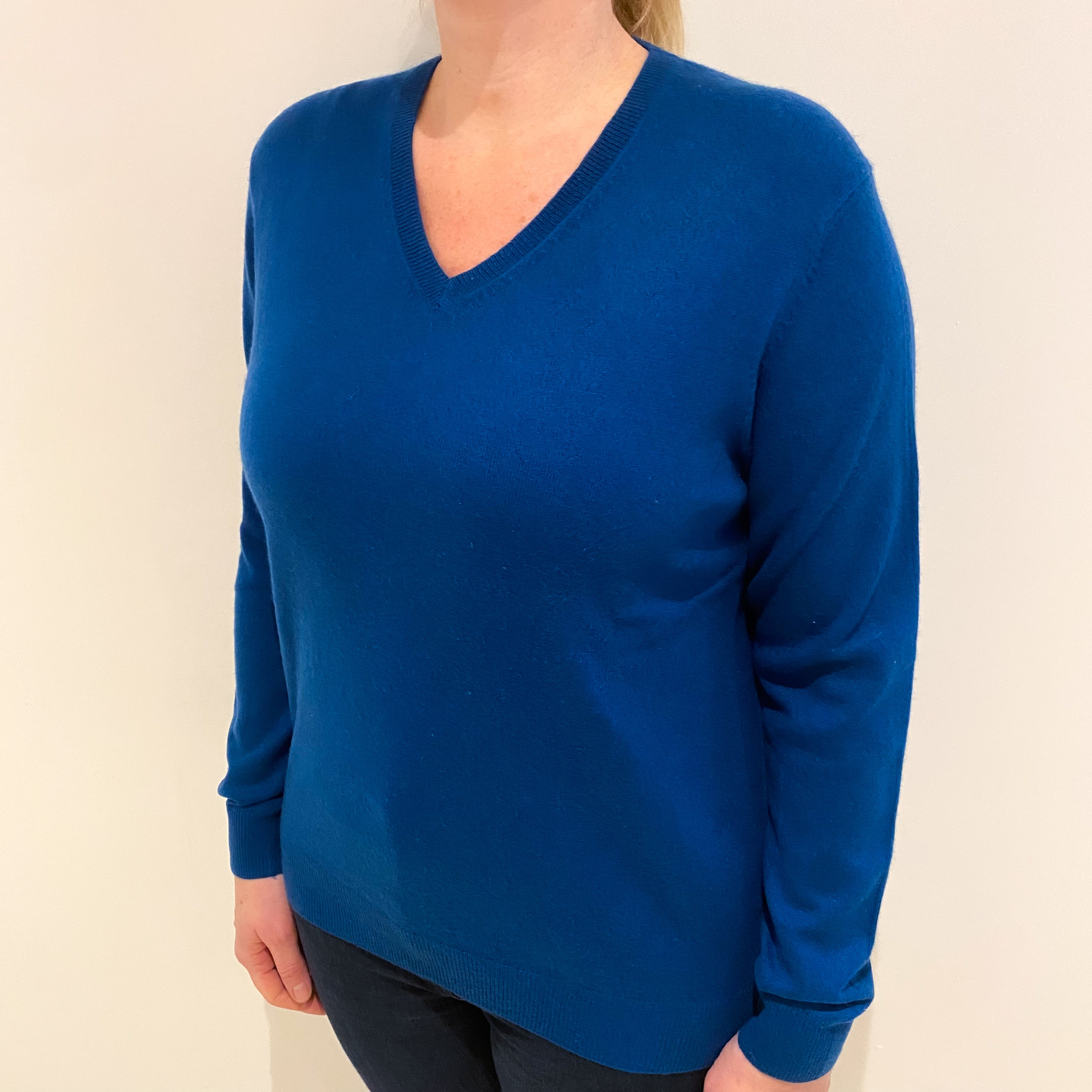 Teal Blue Cashmere V Neck Jumper Large