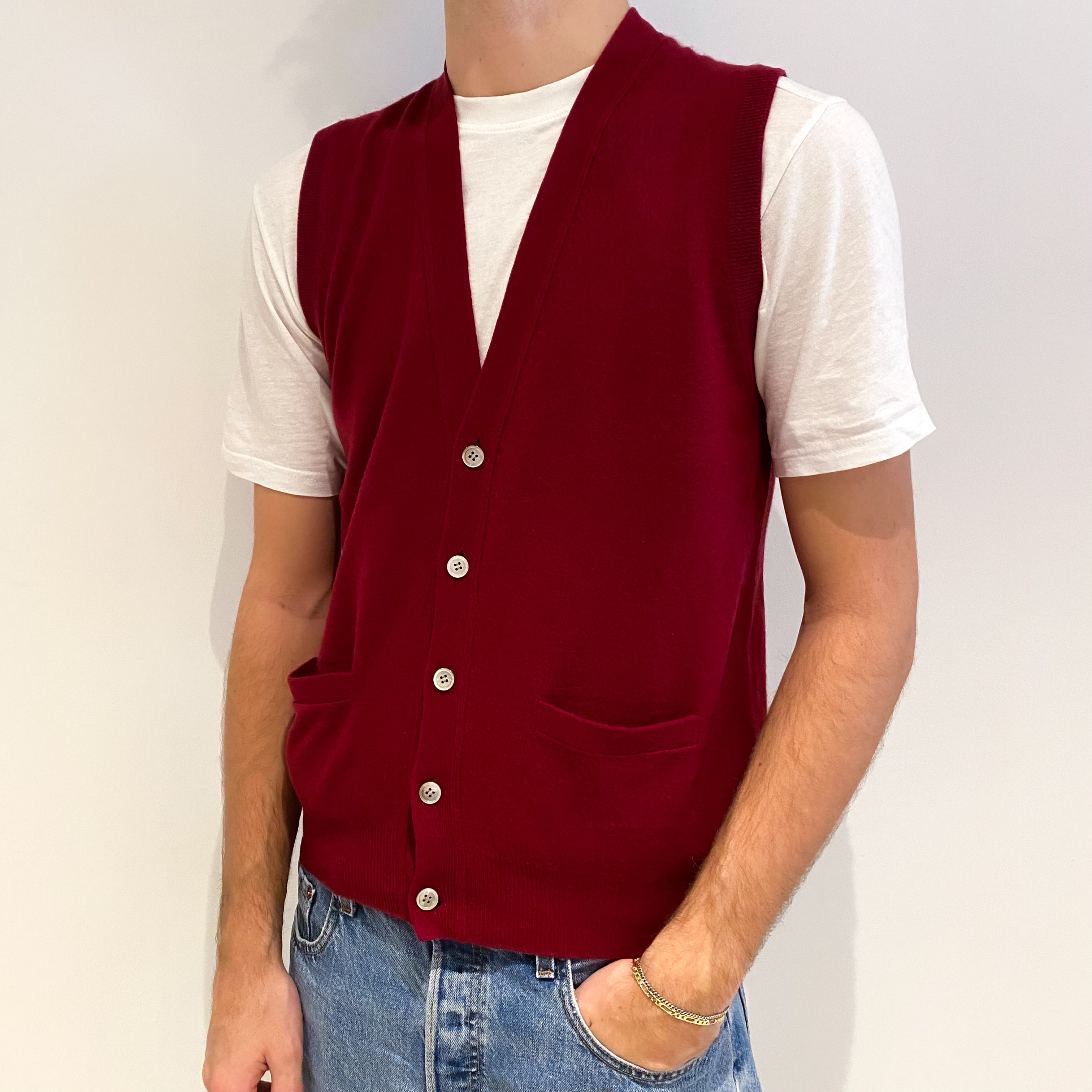Men's Burgundy Red Cashmere V Neck Gilet with Pockets Large