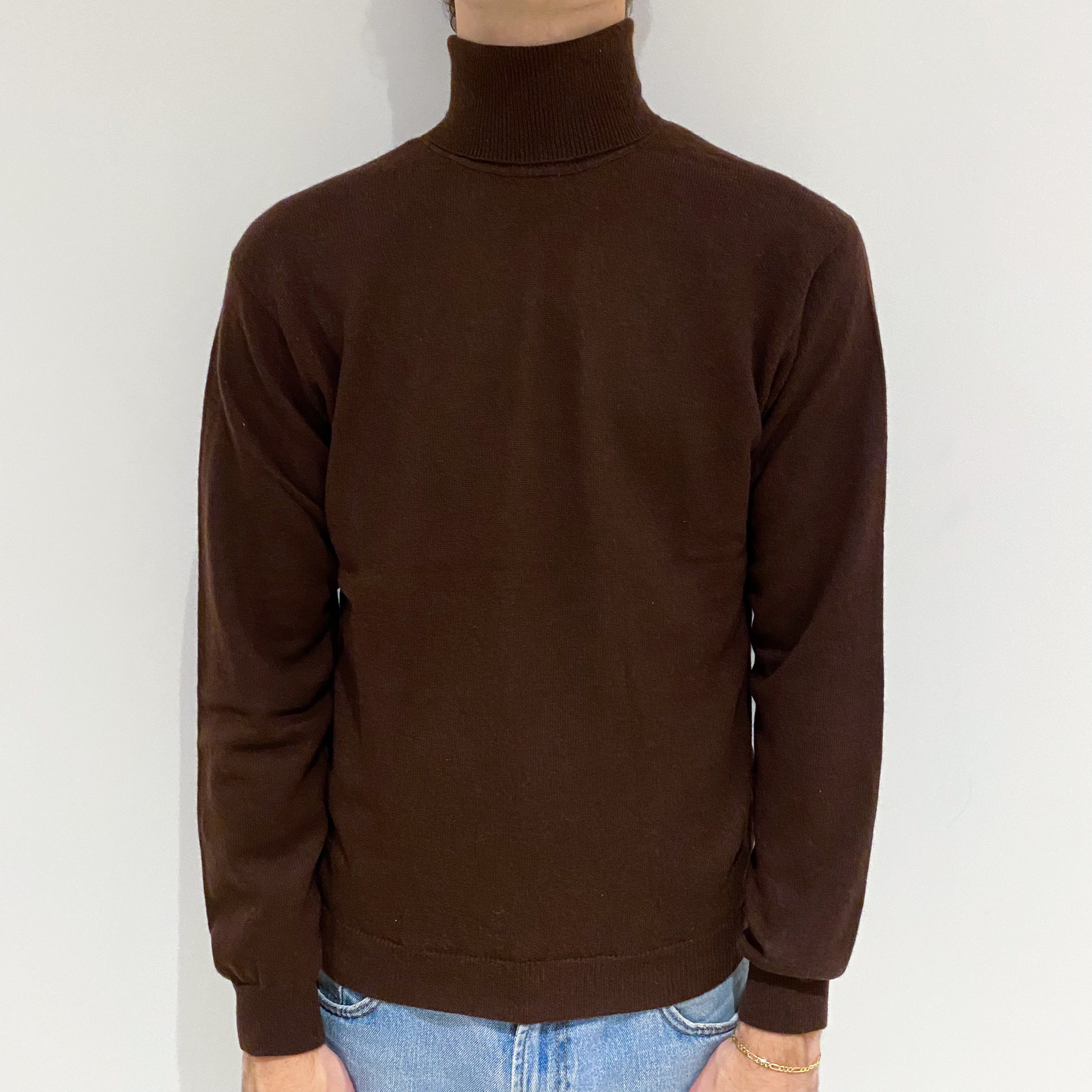 Men's Chocolate Brown Cashmere Polo Neck Jumper Large