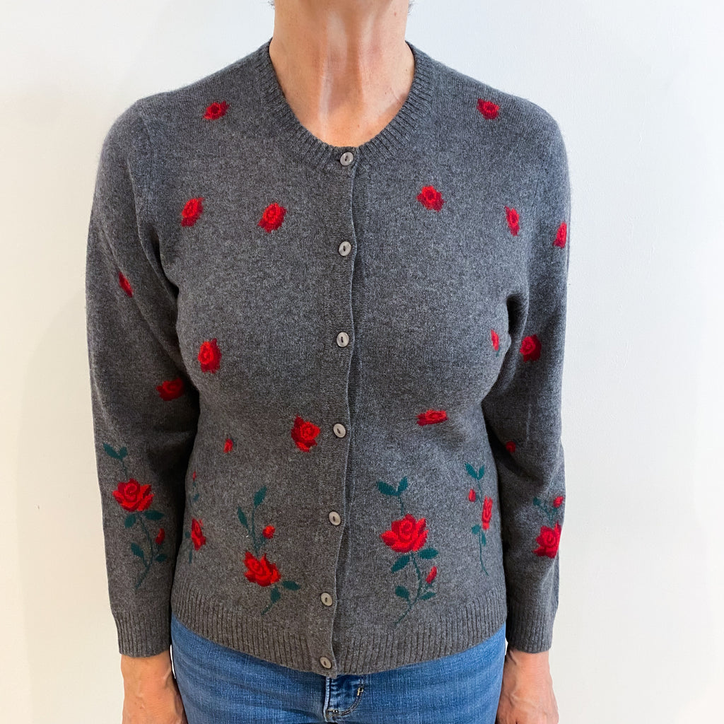 Slate Grey With Red Rose Pattern Cashmere Cardigan Medium