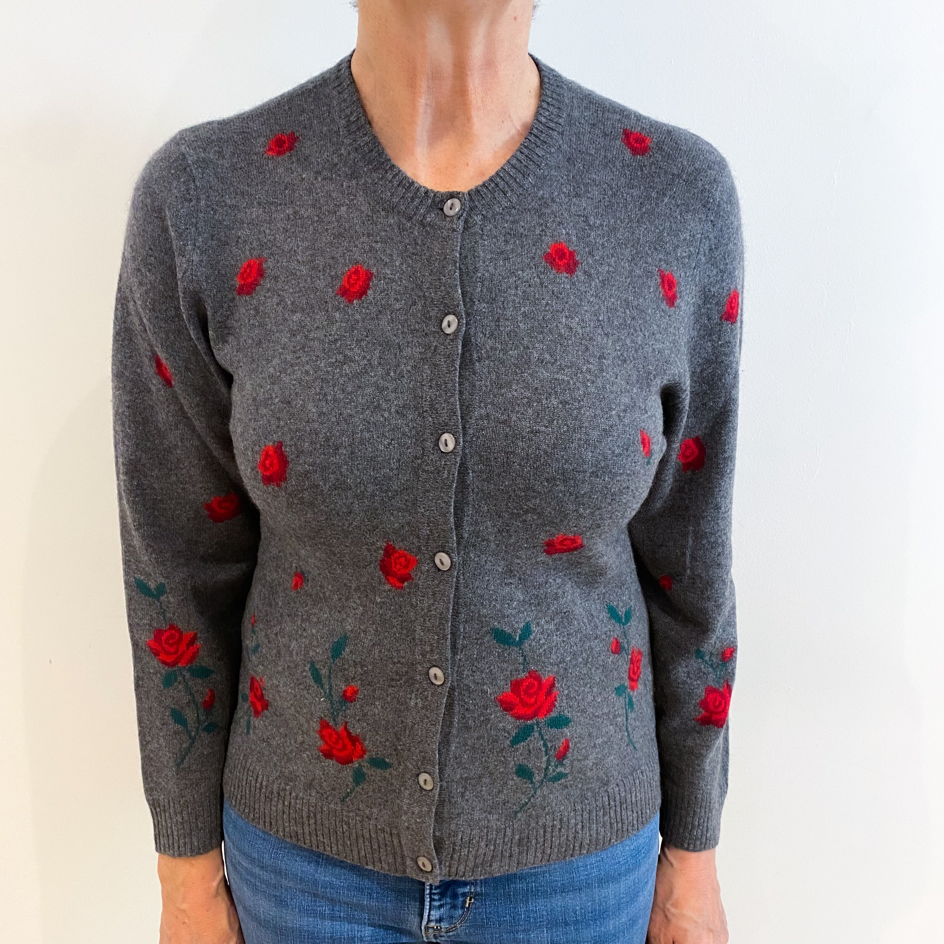 Slate Grey With Red Rose Pattern Cashmere Cardigan Medium
