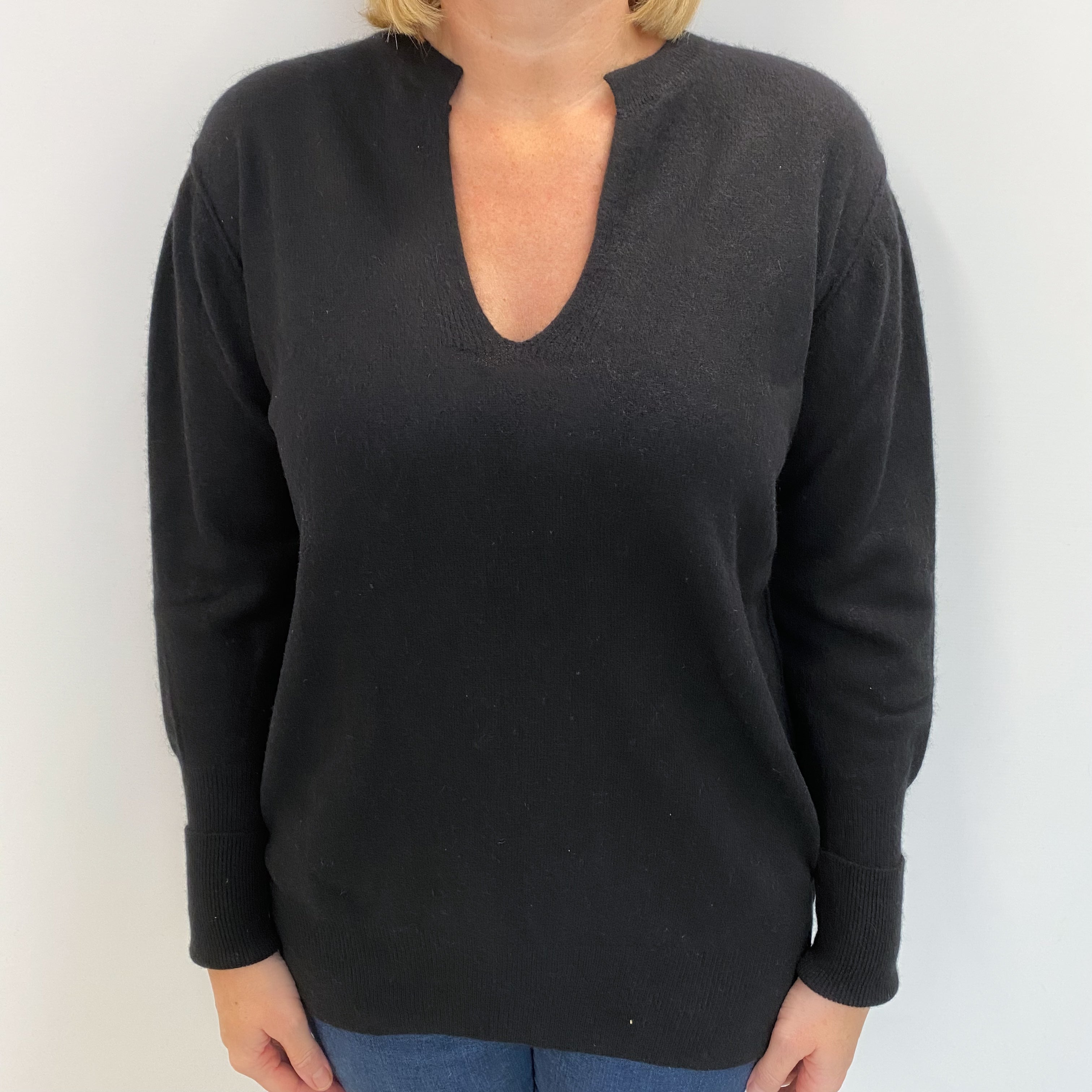 Italian Black Cashmere Notch V Neck Jumper Large