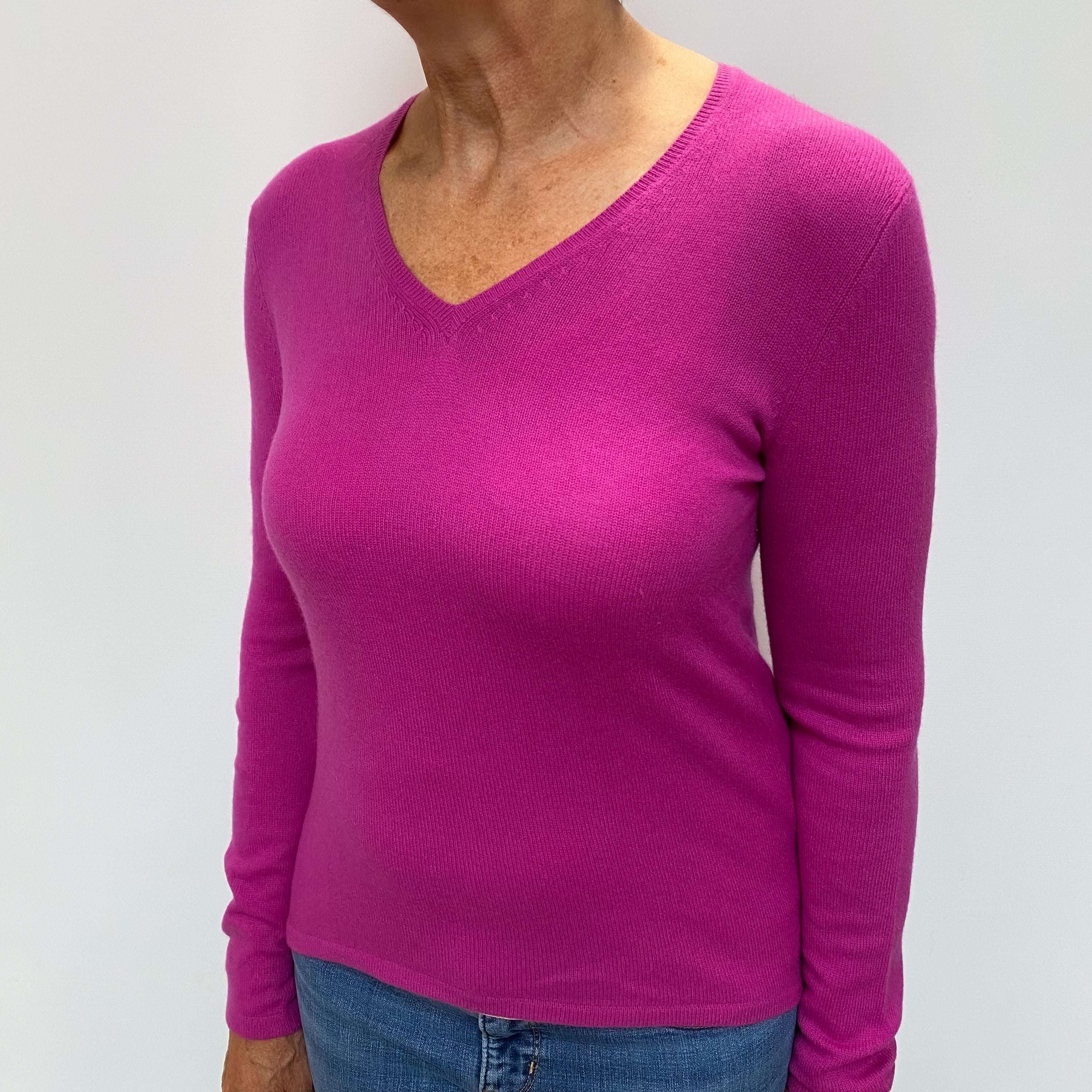 Magenta Pink Cashmere V Neck Jumper Medium