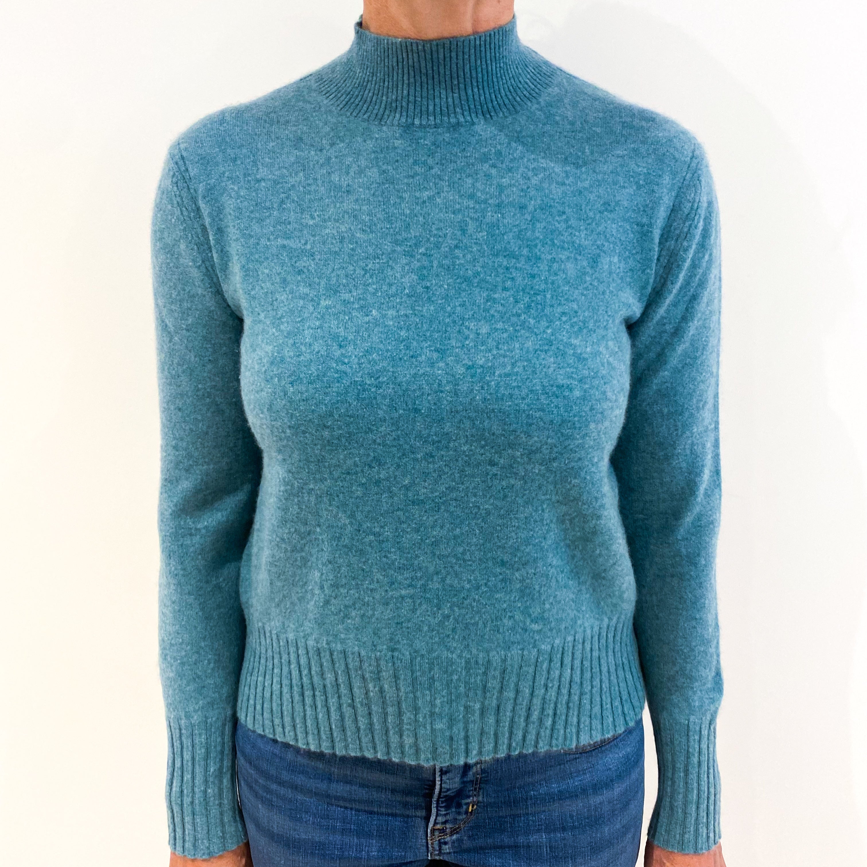 Teal Blue Cashmere Polo Neck Jumper Medium
