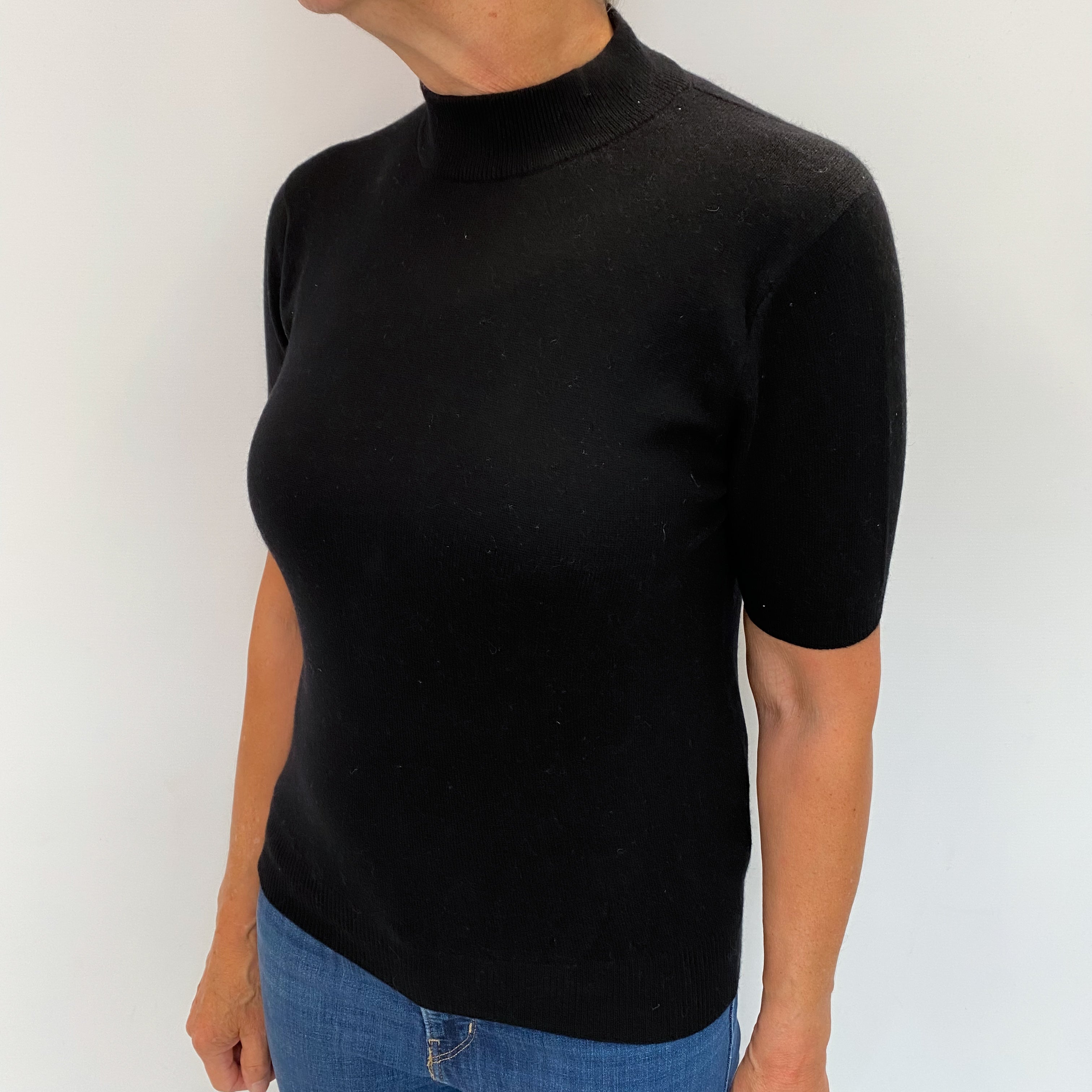 Black Cashmere Short Sleeved Turtle Neck Jumper Medium