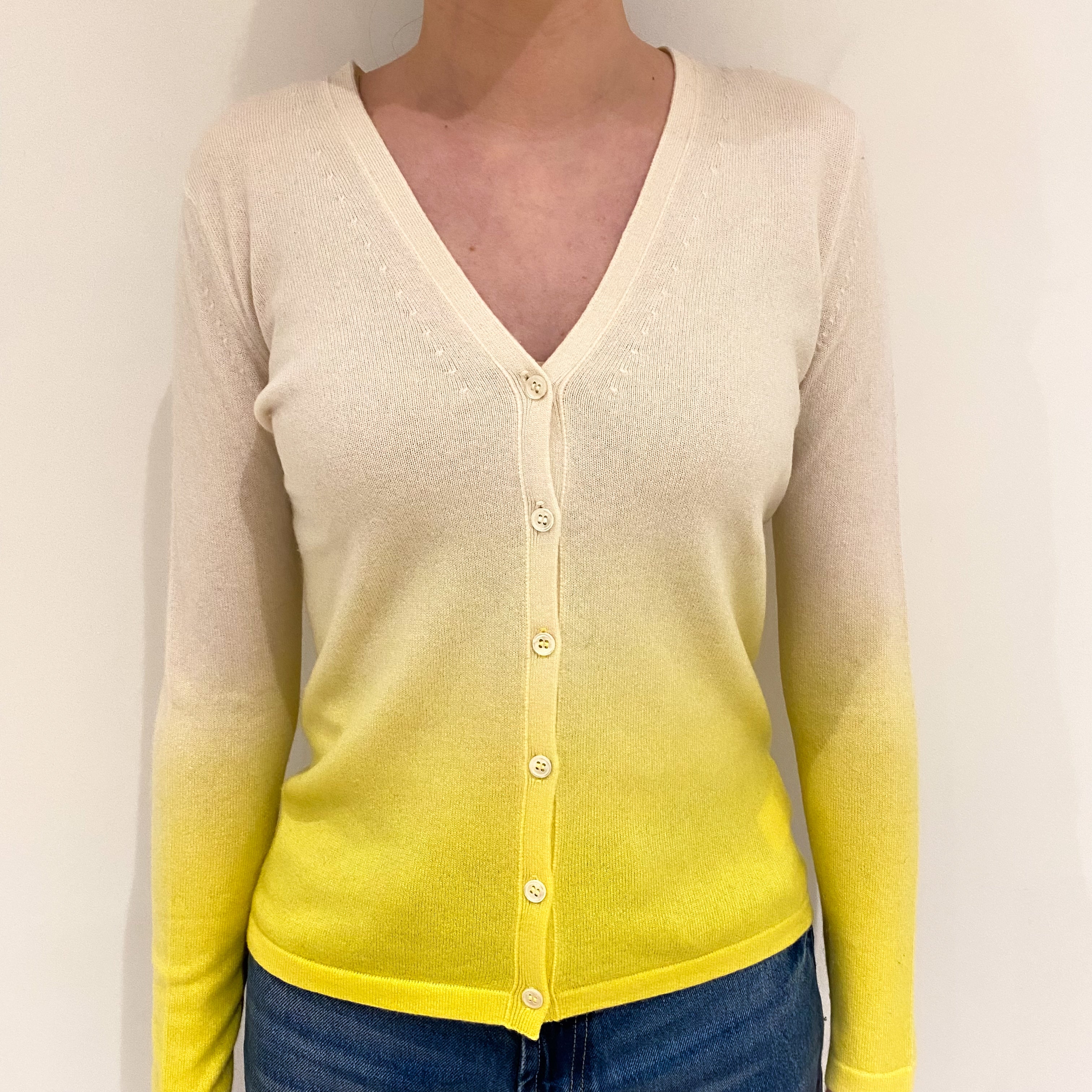 Cream and Yellow Ombré Cashmere V Neck Cardigan Extra Small