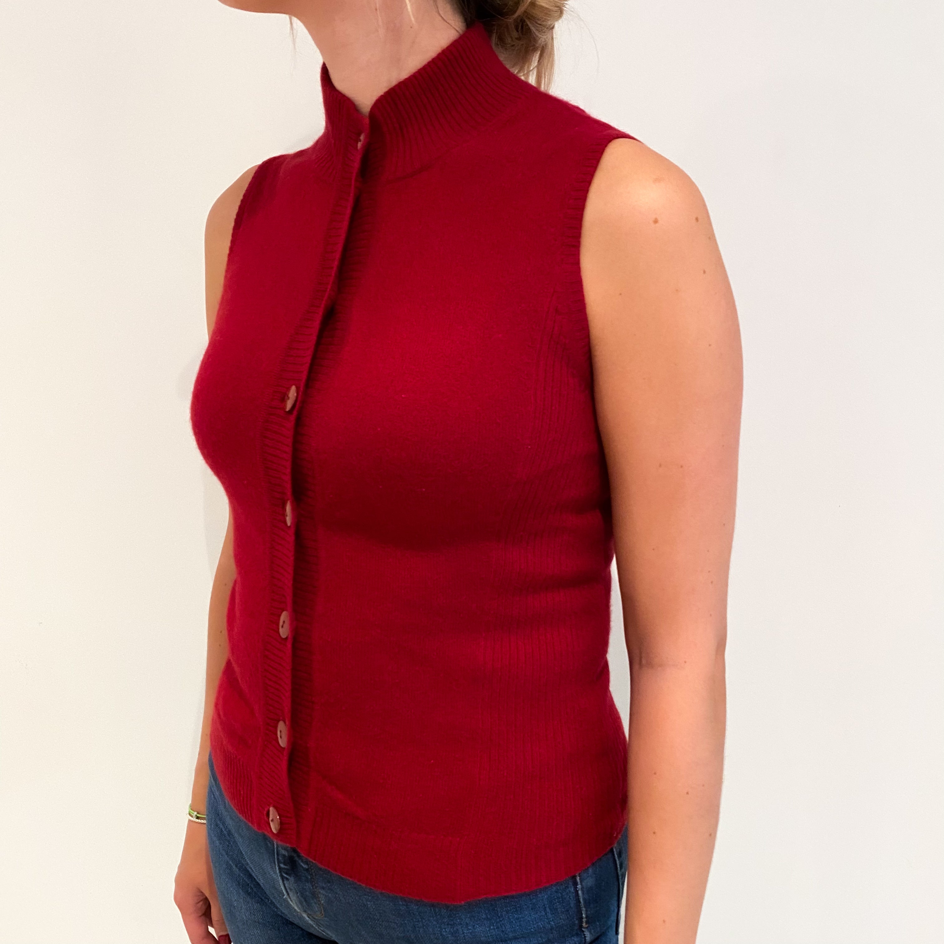 Crimson Red Cashmere Turtle Neck Sleeveless Gilet Small