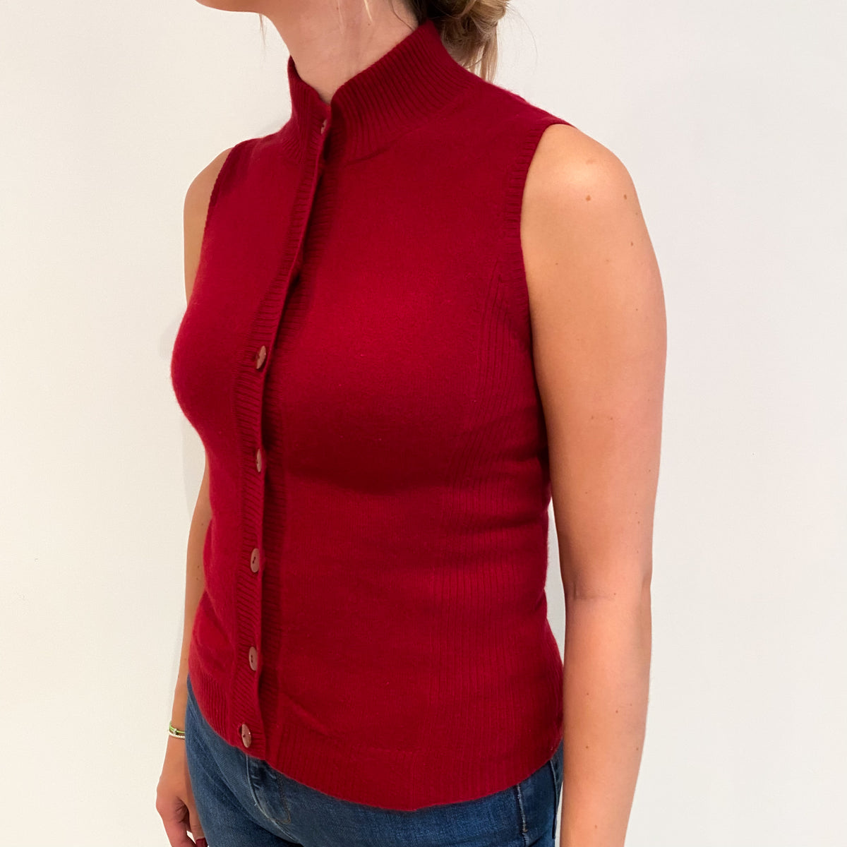 Crimson Red Cashmere Turtle Neck Sleeveless Gilet Small