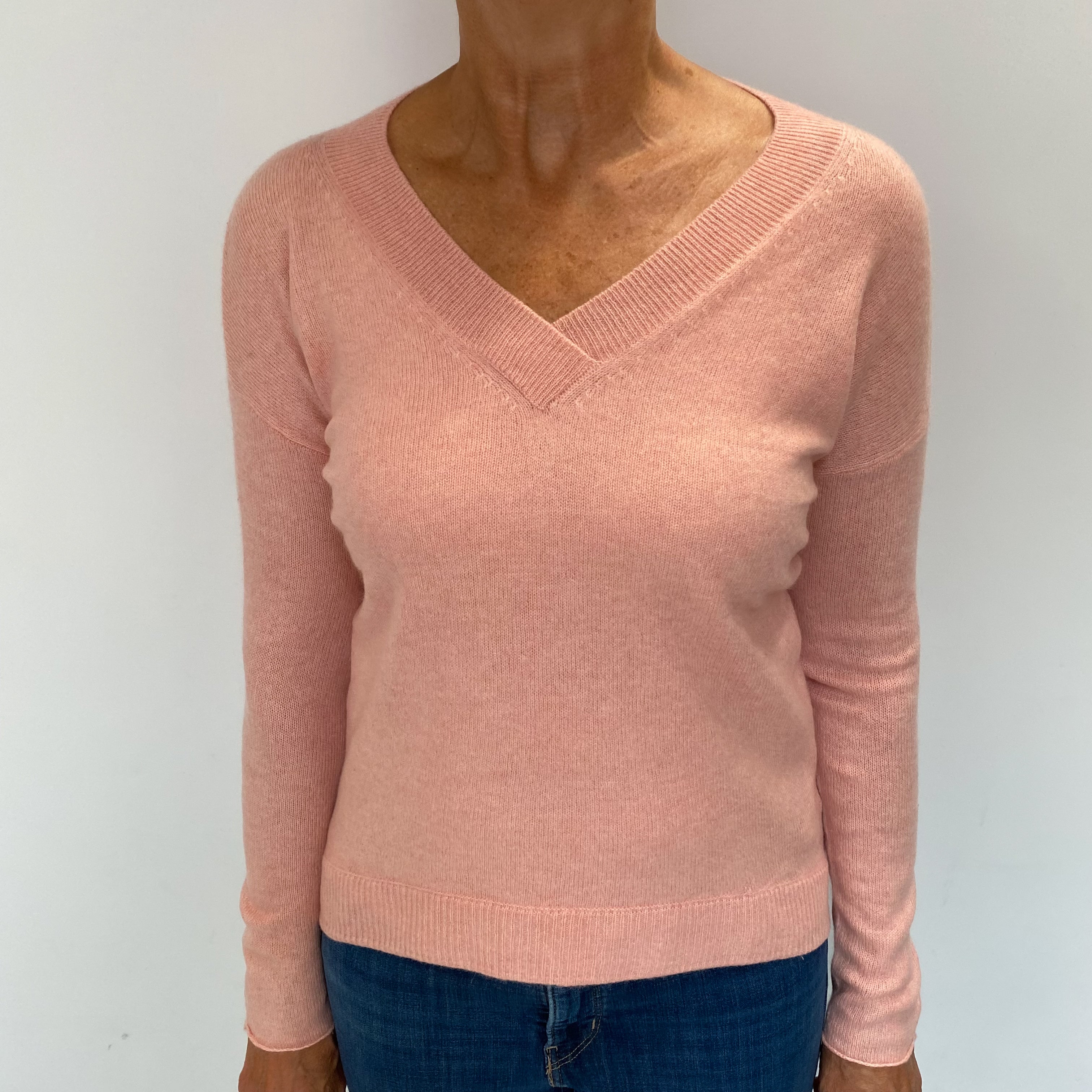 Muted Coral Pink Cashmere V Neck Jumper Medium