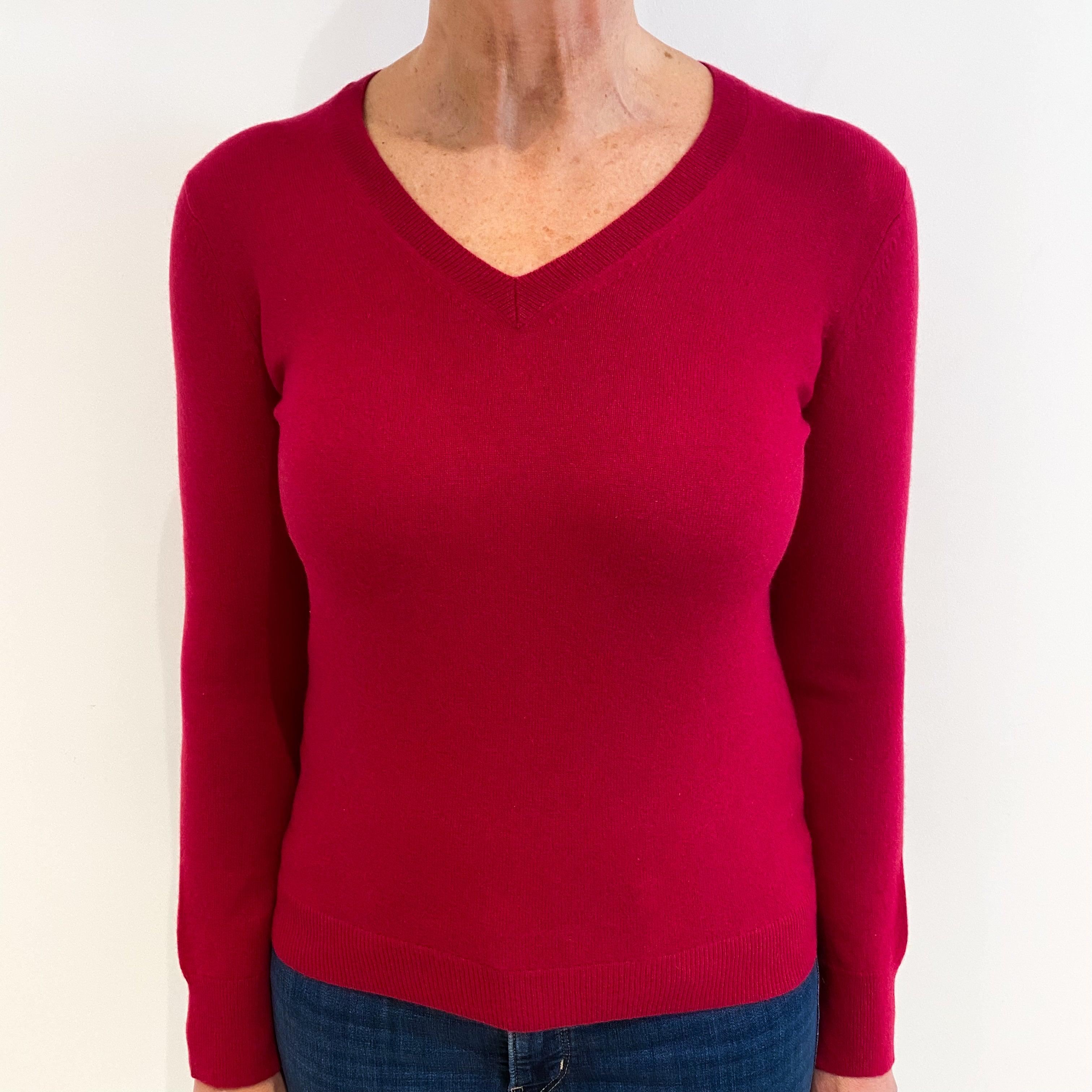 Cherry Red Cashmere V Neck Jumper Medium