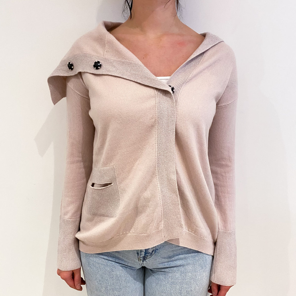 Pale Pink Cashmere Collared Cardigan With Pockets Small