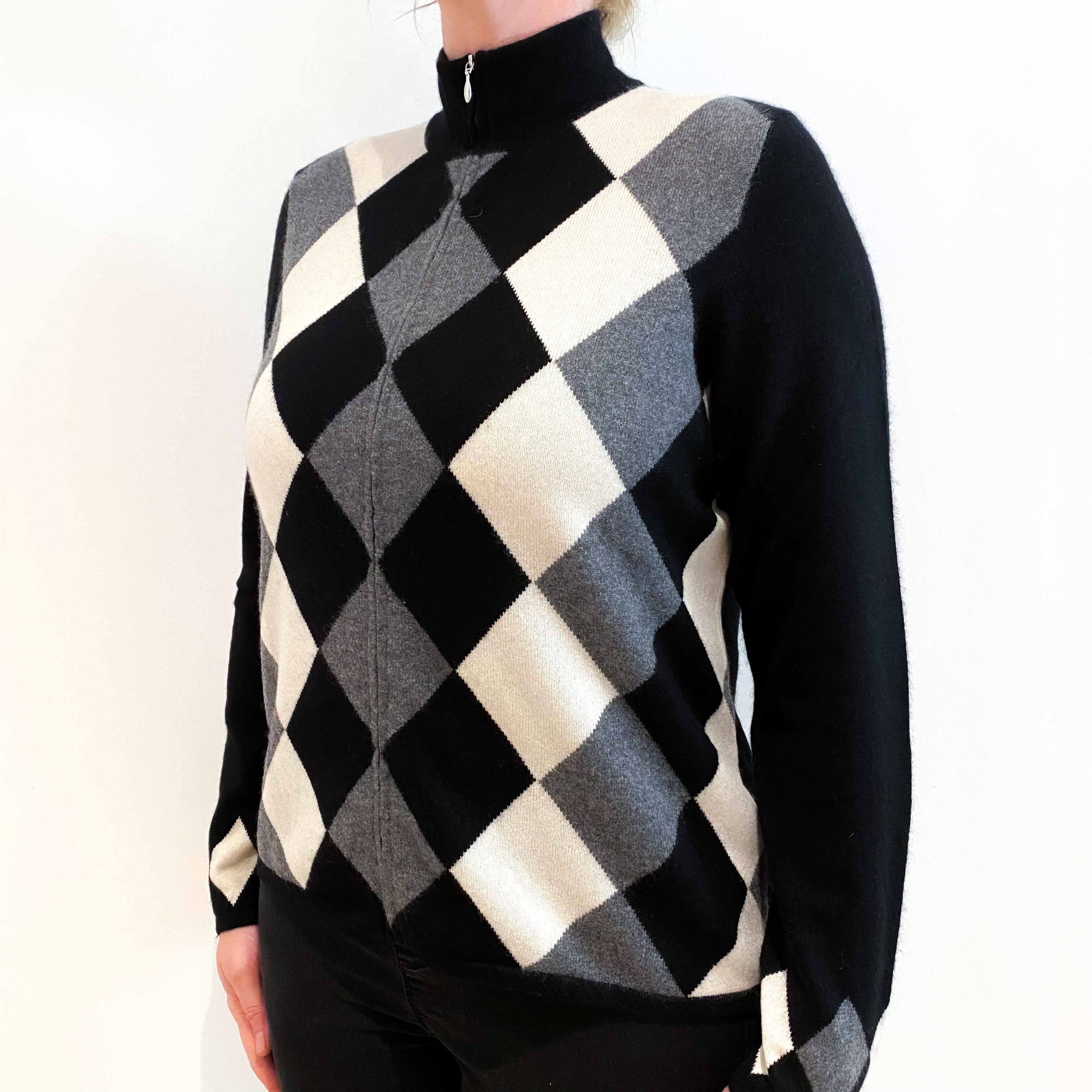 Black Diamond Pattern Cashmere Zip Up Cardigan Large