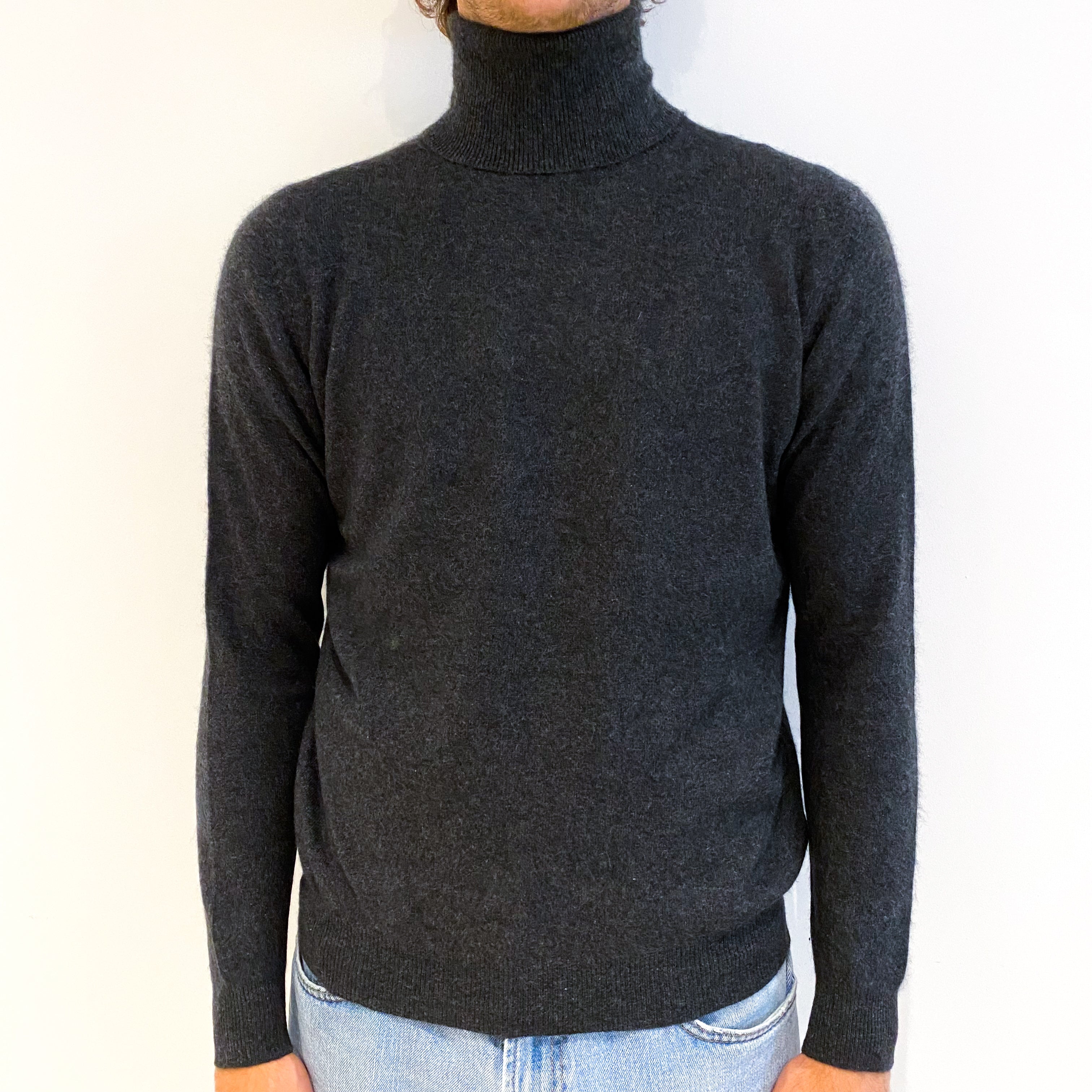 Men's Charcoal Grey Cashmere Polo Neck Jumper Medium