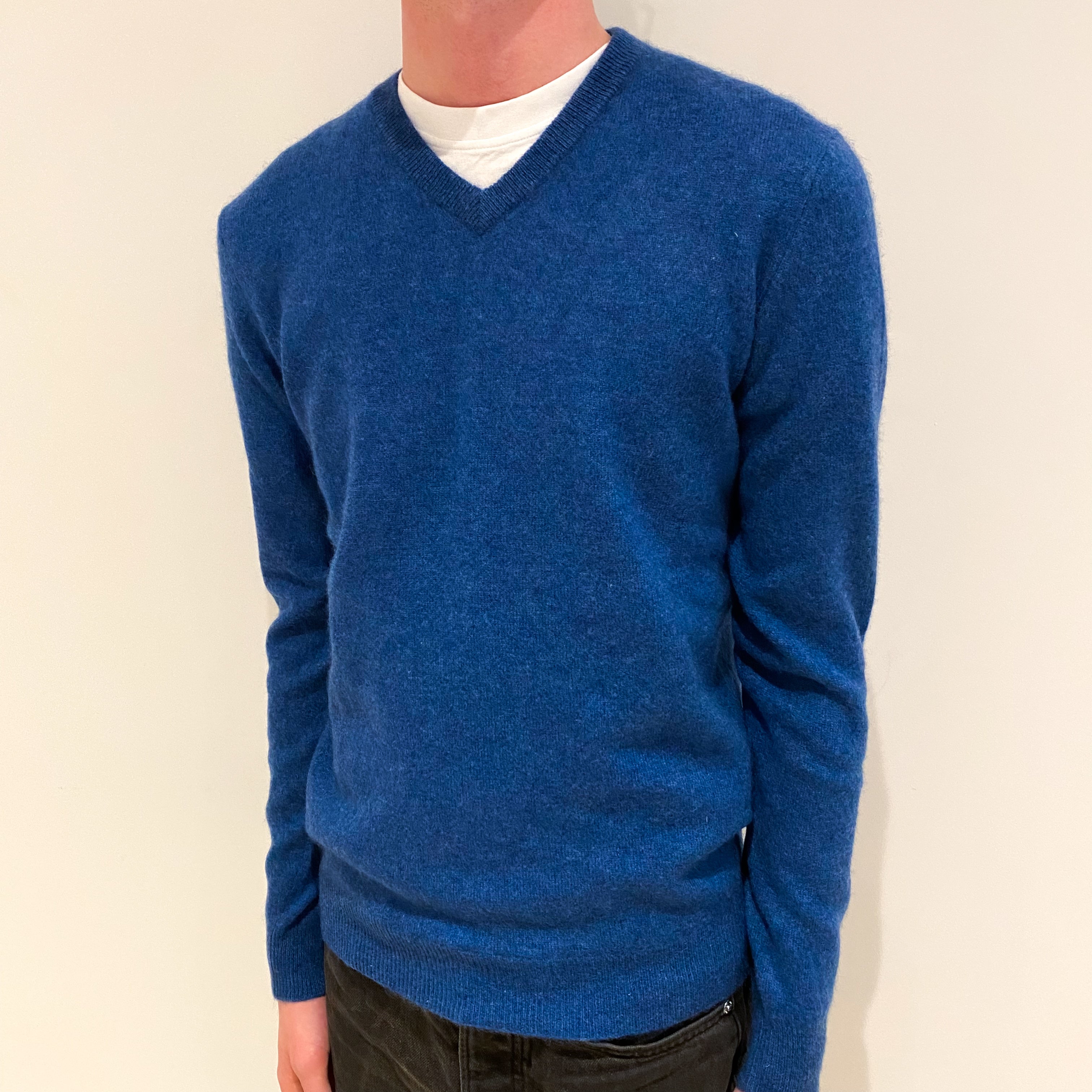 Men's Petrol Blue Cashmere V-Neck Jumper Small