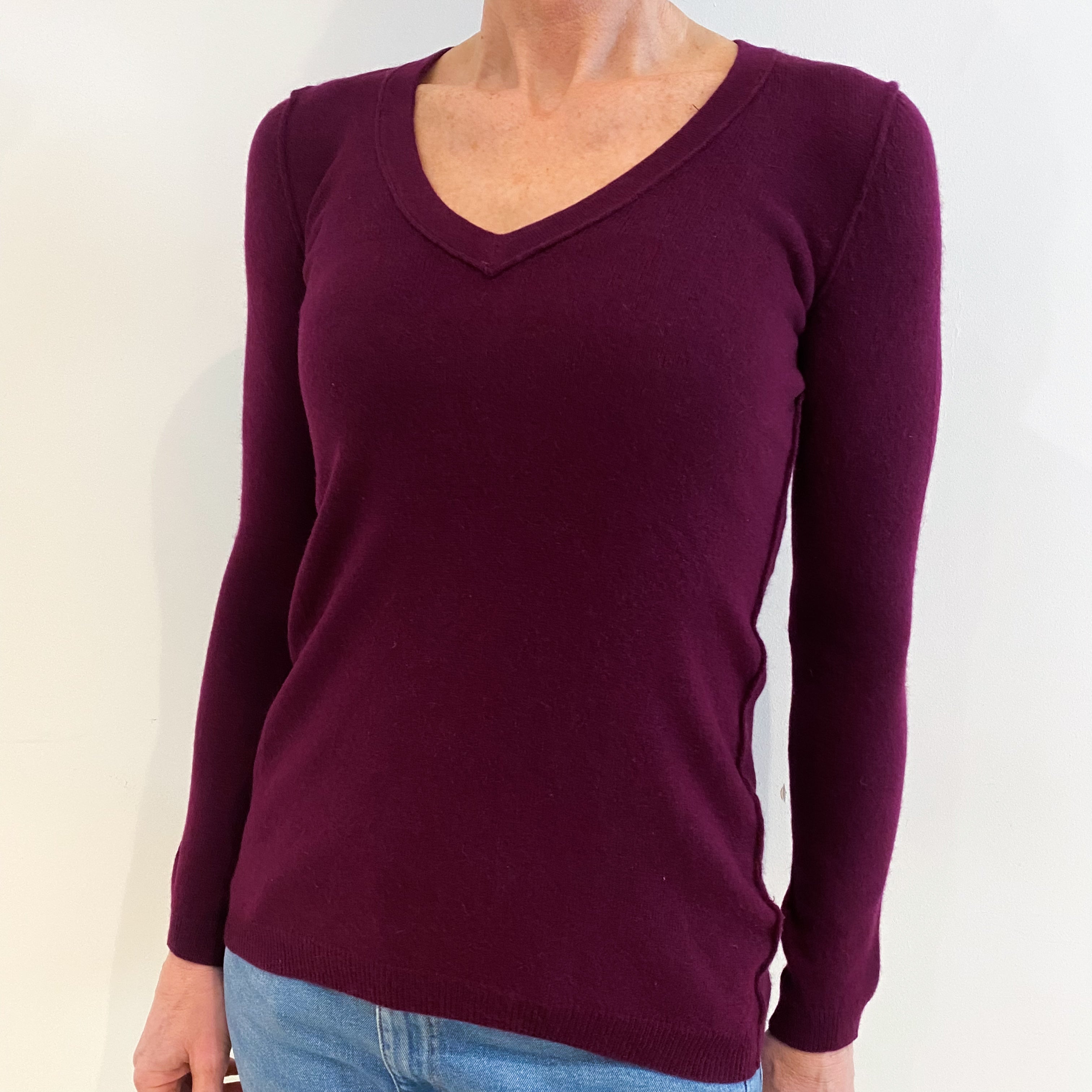 Aubergine Purple Cashmere V Neck Jumper Small