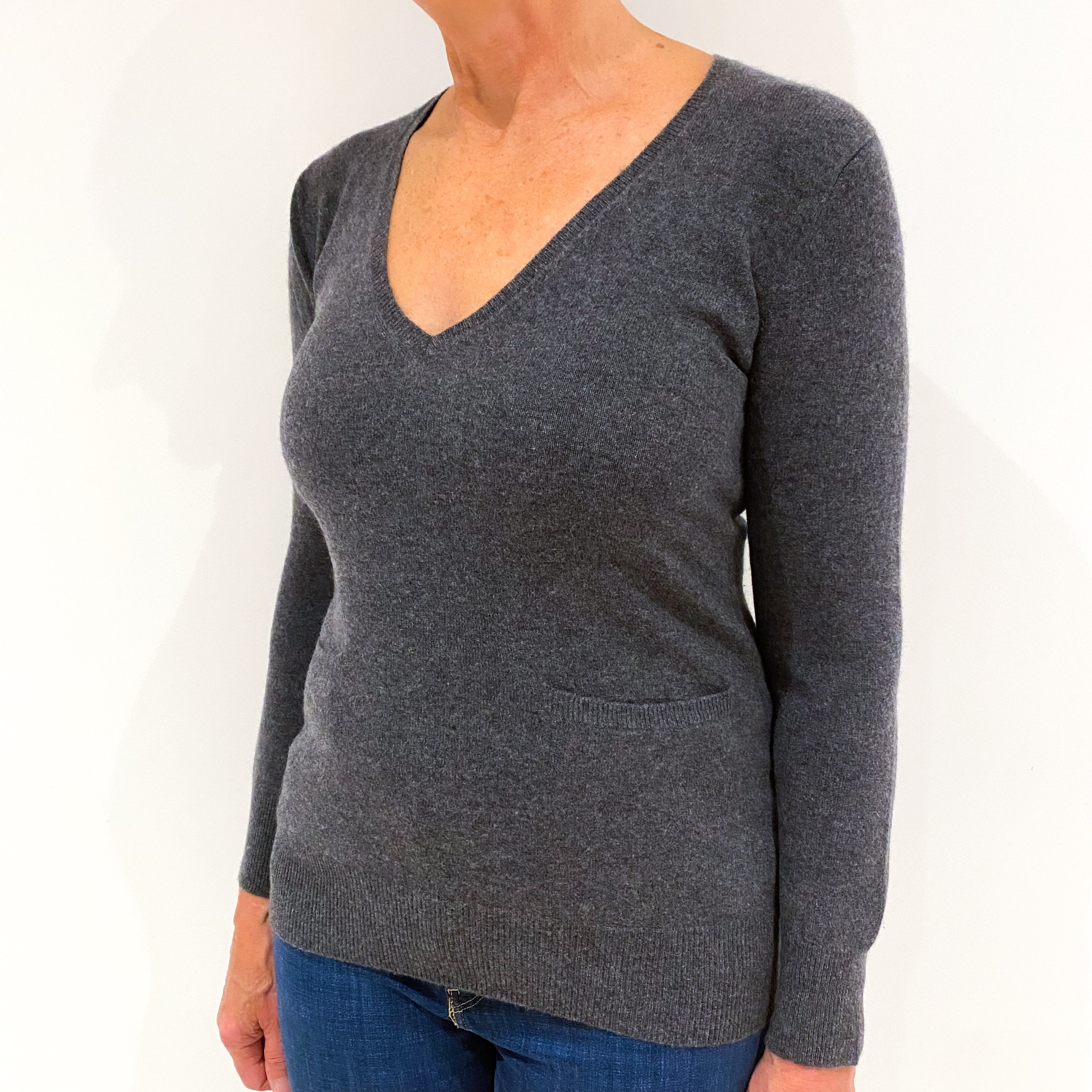 Slate Grey Cashmere V-Neck Jumper Medium