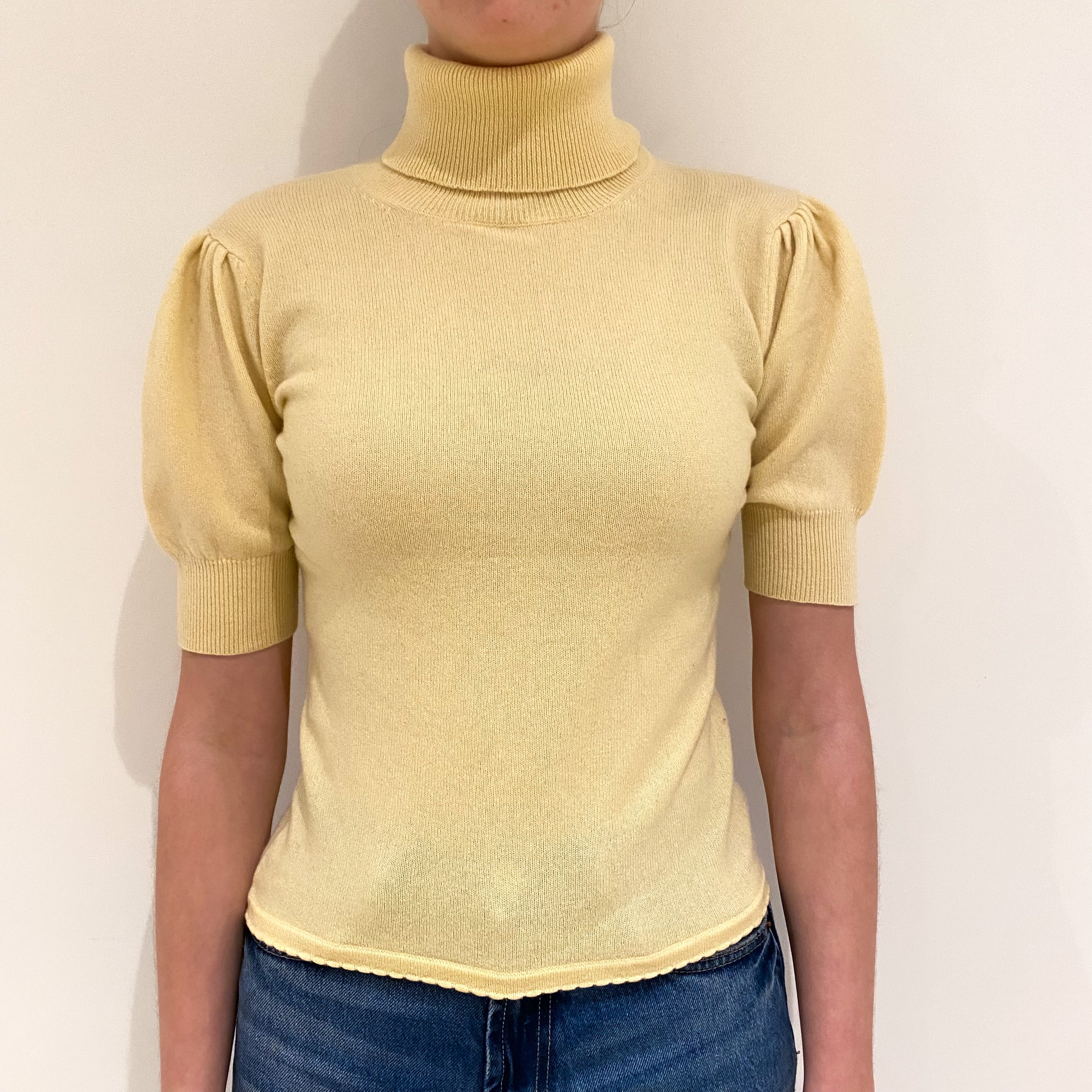 Primrose Yellow Cashmere Short Sleeved Polo Neck Jumper Extra Small