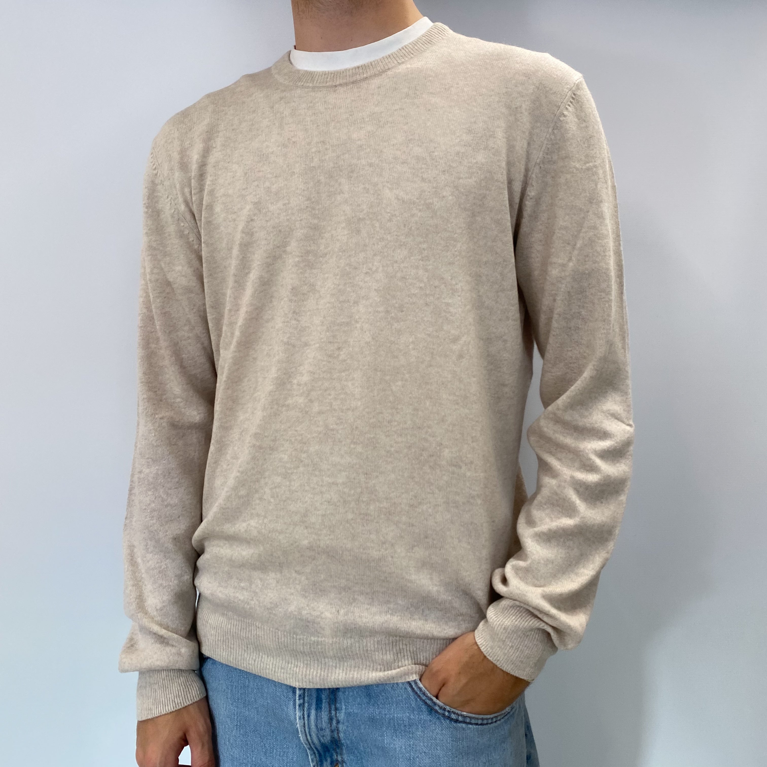 Men's Ivory Grey Cashmere Crew Neck Jumper Large